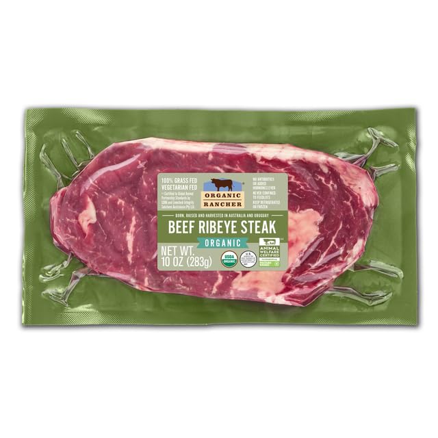 Organic Rancher, Organic Beef Ribeye Steak Boneless, 100% Grass Fed & Grass Finished, USDA Organic, Pasture Raised Free Range, G.A.P. Step 4, 10 oz