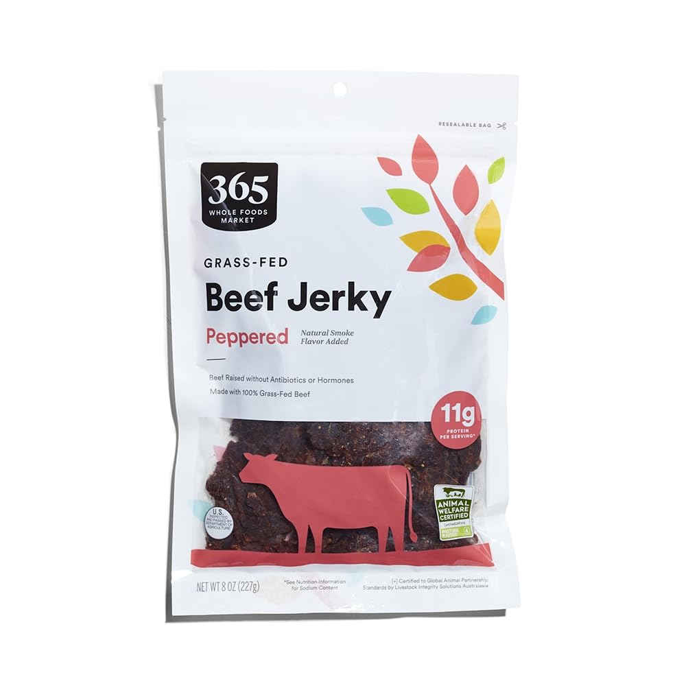 Grass-Fed Beef Jerky, Peppered, Natural Smoke Flavor, 8 Ounce