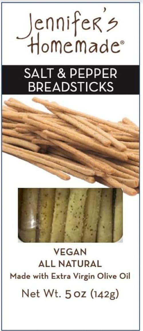 JENNIFERS HOMEMADE Salt & Pepper Breadsticks, VEGAN All Natural, Made with extra virgin olive oil, Crunchy and delicious snack, 5 OZ