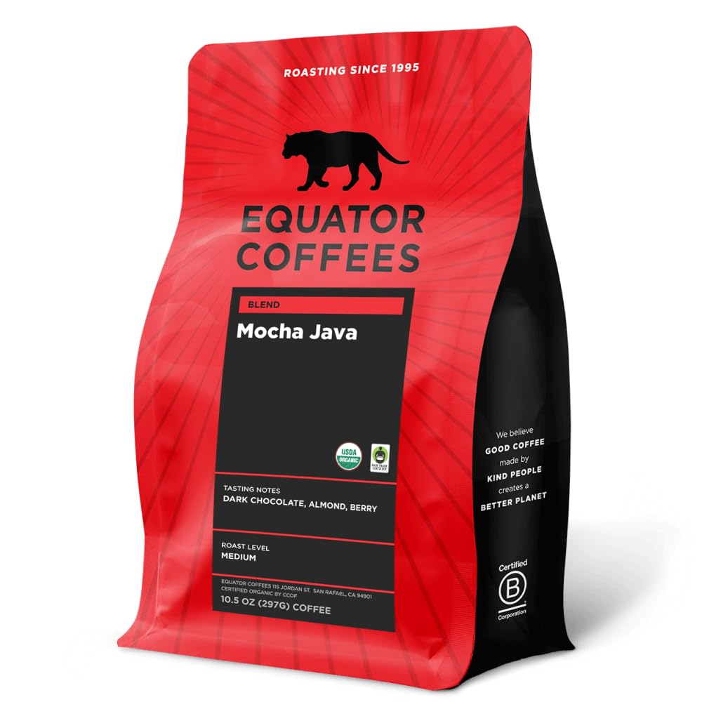 Equator Coffees, Mocha Java Blend, Organic Whole Bean Coffee, Medium Dark Roast, Fresh Roasted, Dark Chocolate & Berry Flavor Notes, Sustainable and Fair Trade Certified, 10.5 oz Bag