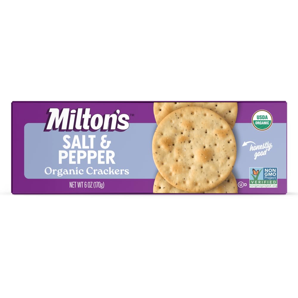 Milton's Organic Crackers, Salt & Pepper - Certified Organic, Non-GMO Project Verified, Kosher, Great for Charcuterie Boards - 6 Oz