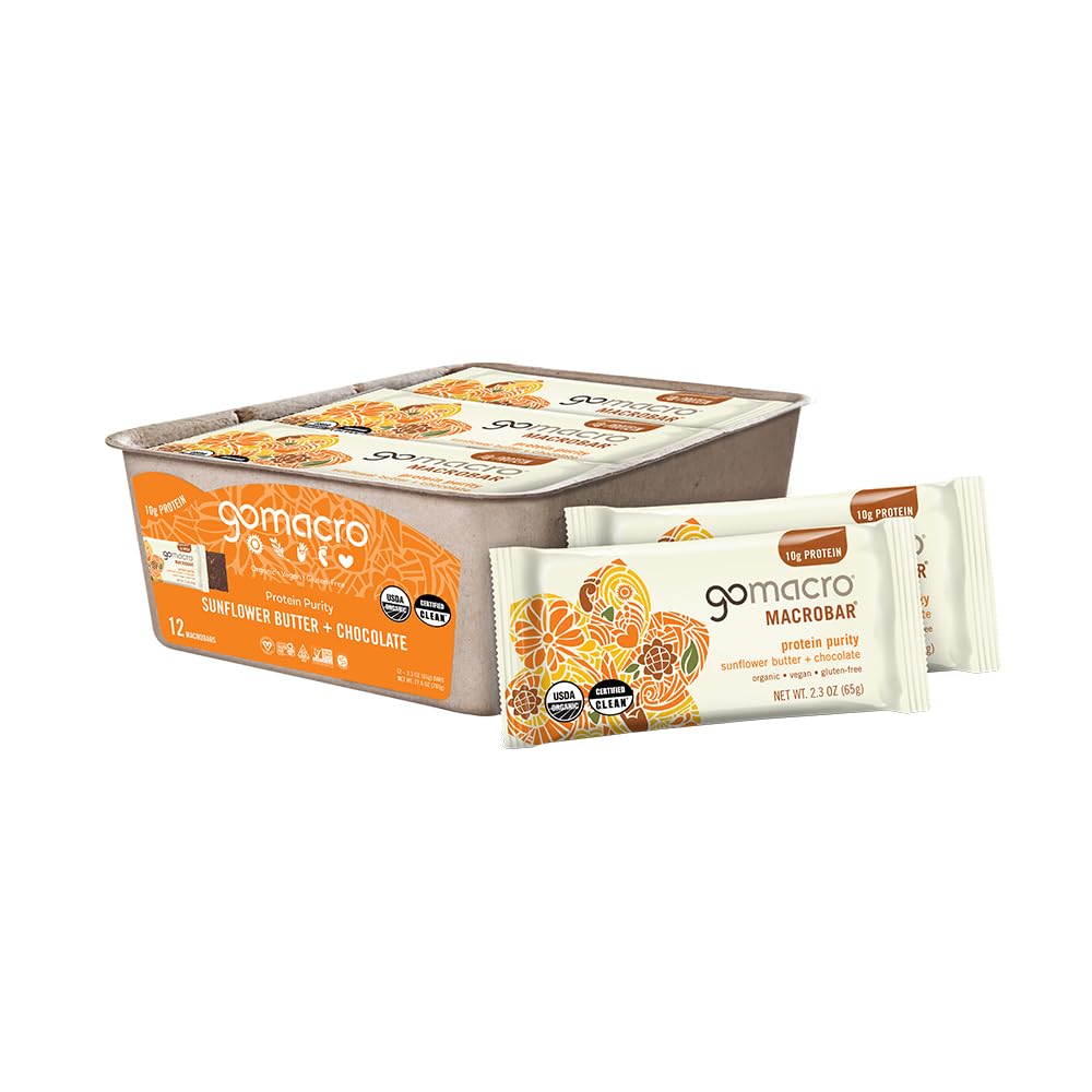GoMacro MacroBar Organic Vegan Protein Bars - Sunflower Butter + Chocolate (2.3 Ounce Bars, 12 Count)