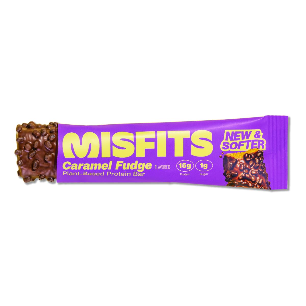 Misfits High Protein Bar, Caramel Fudge, Gluten Free, Non GMO, Plant Based Vegan Protein Bar, Low Sugar, High Fiber Snack