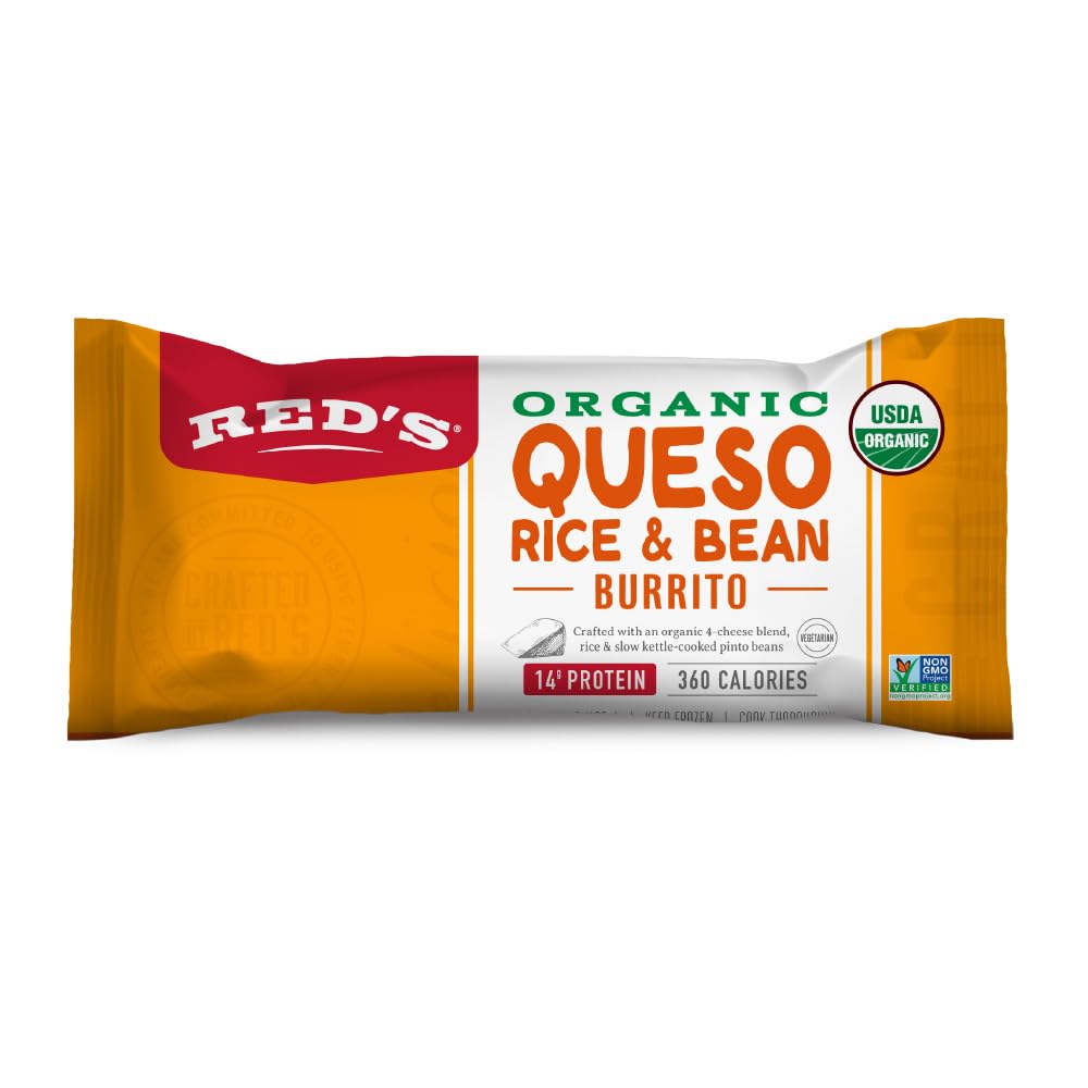 Red's Burrito, Organic Queso, Rice & Bean - 14g Protein, Non-GMO, Vegetarian, 3g Fiber - Made with 4 Cheese Queso Blend, Pinto Beans and Brown Rice - 4.5 Ounce