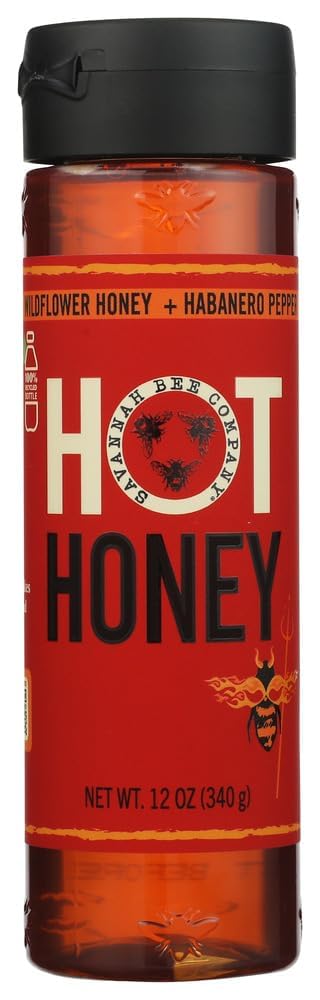 Savannah Bee Company Hot Honey 12 oz, Gluten Free, 100% Pure Honey Infused | Sweet and spicy wildflower honey, infused with habanero pepper heat, gluten-free pure honey, easy-squeeze bottle