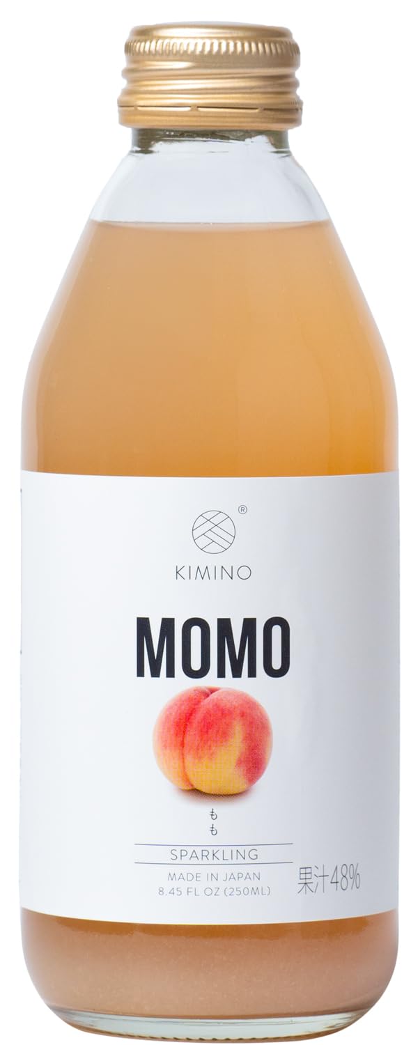 KIMINO Momo Peach Sparkling Juice - Yamanashi White Peach Hakuto Organic Cane Sugar, Vitamin C Potassium Hyogo Region Flavored Water, Made in Japan Whole Pressed - 8.45 Fl Oz