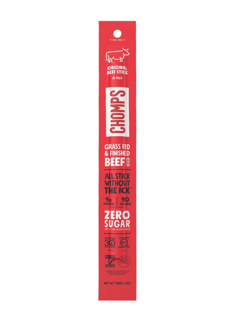 Chomps Original Beef, Grass-Fed & Finished, Single Protein Snack Stick | Grass-Fed And Finished Beef Stick With Zero Sugar, Keto And Paleo Friendly, Whole30, Low-Carb Snack, 10G Protein