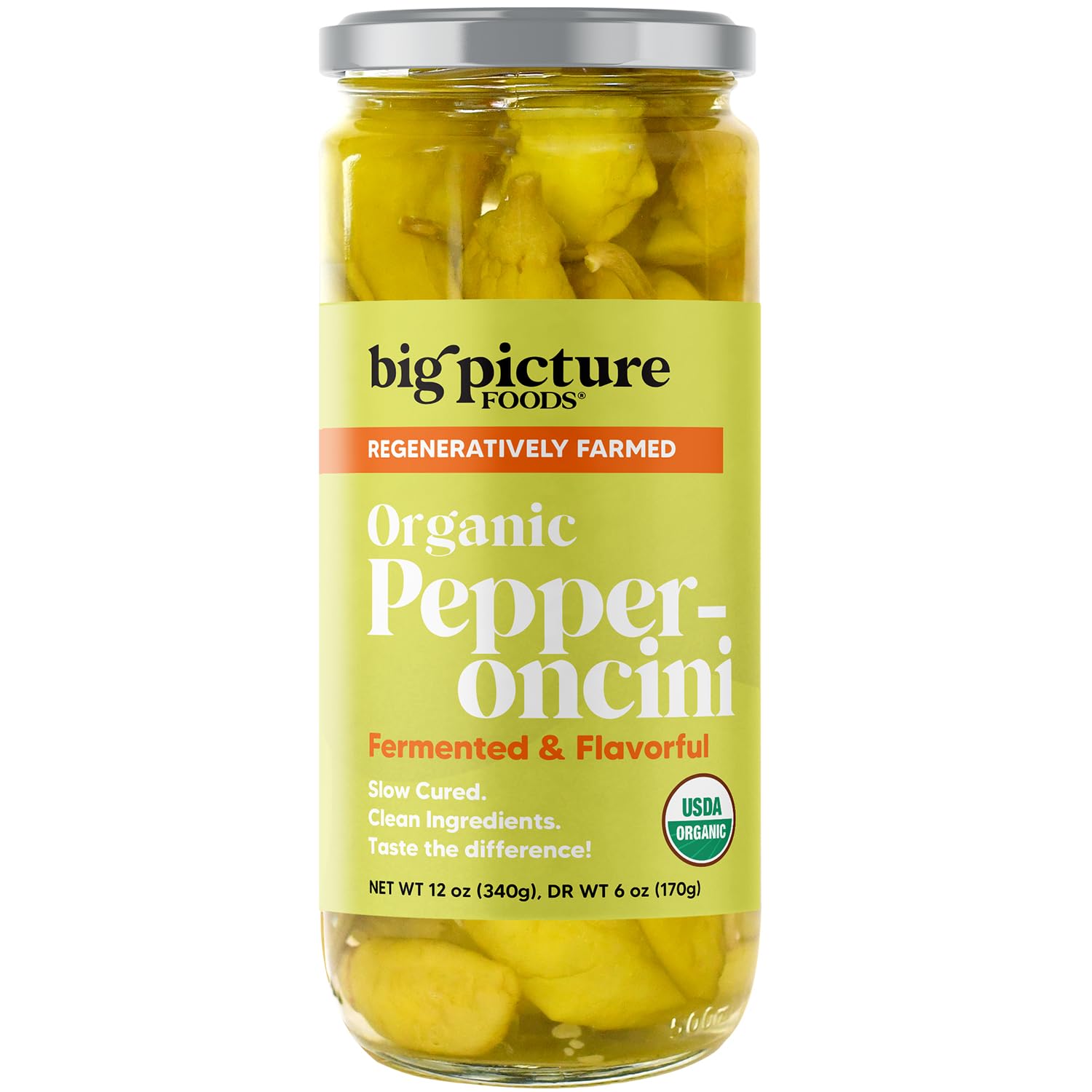 Big Picture Organic Pepperoncini/Whole in Jar - Zesty Macedonian Green Peppers for Antipasti Excellence! Whole, Regeneratively Farmed, and Bursting with Nutrients - Net Wt. 12oz (340g)