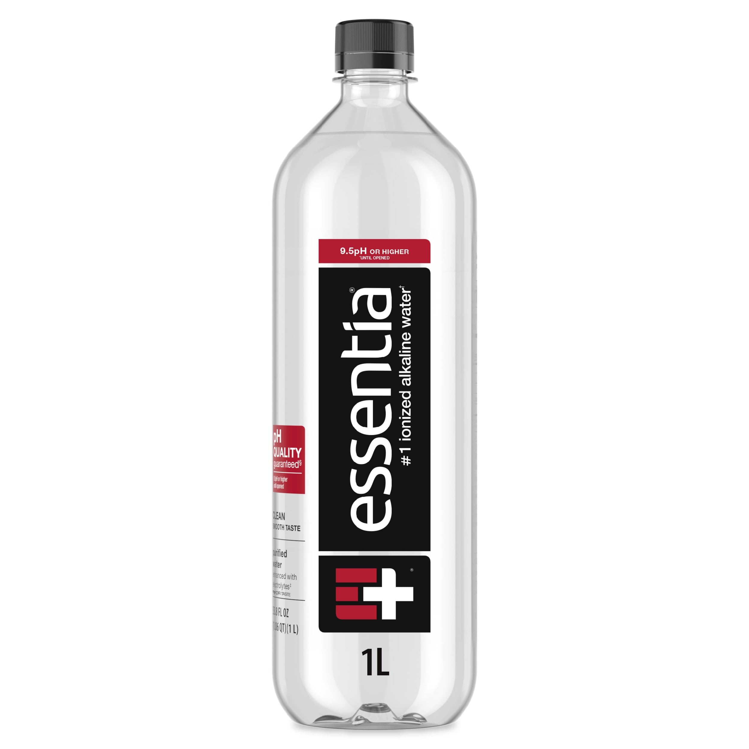 Essentia Ionized Alkaline Water, 9.5+ pH, 99.9% Pure, 1L Bottle | 99.9% pure ionized alkaline water with a 9.5+ pH until opened, and trace electrolytes for a clean smooth taste. 1L bottle