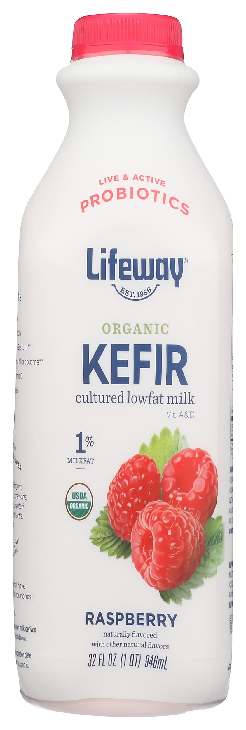 Lifeway Organic Lowfat Kefir, Raspberry, 32 Ounce, 11g Protein, 12 Live Active Cultures