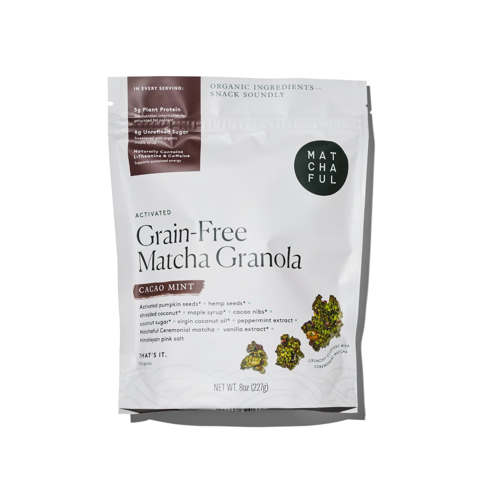 Matchaful – Cacao Mint Matcha Granola – Organic Ingredients, Vegan | Grain Free – No Refined Sugar, No GMO, Gluten Free Granola Mixed w/Hikari Single Origin Matcha – 8oz bag
