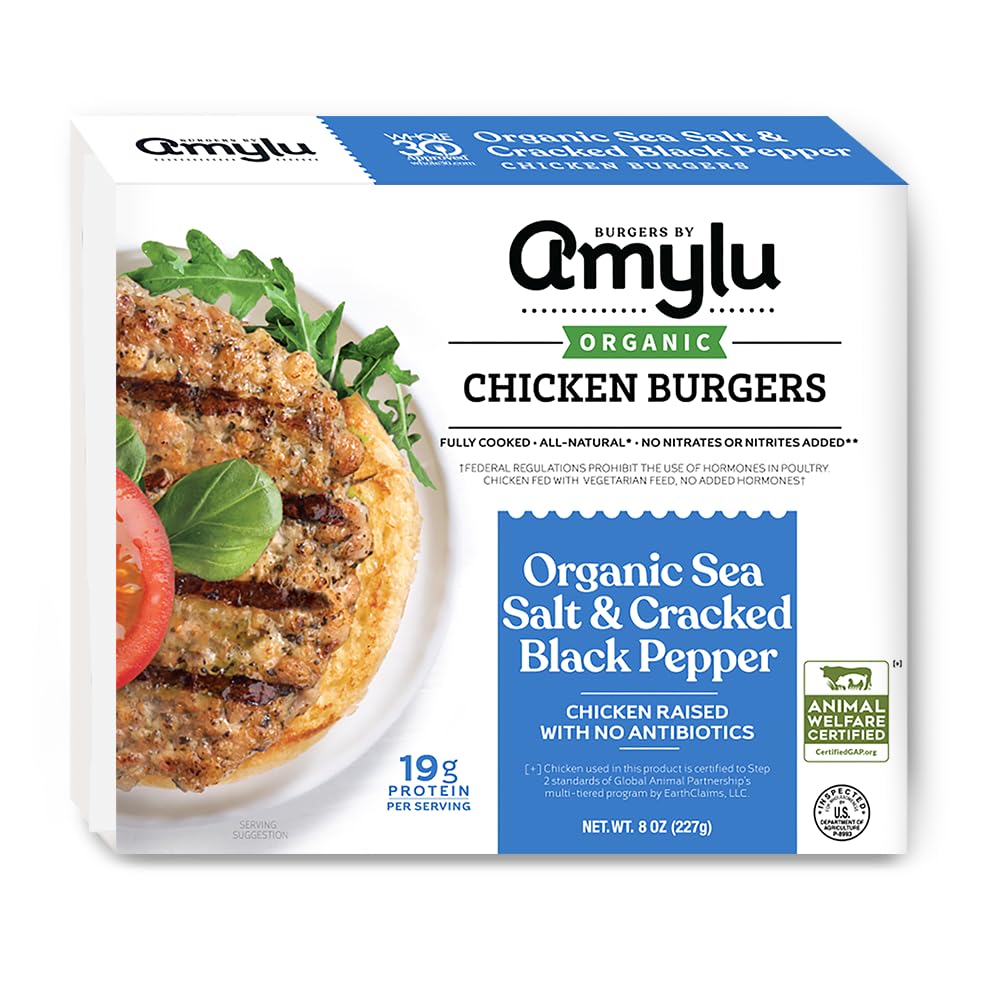 Amylu Foods Organic Sea Salt & Cracked Black Pepper Chicken Burger, Natural Ingredients,19g of Protein, Chicken Raised with No Antibiotics, Fully Cooked, Dairy-Free, Gluten-Free, Pork-Free, Whole30, No Nitrates or Nitrites, 8 oz