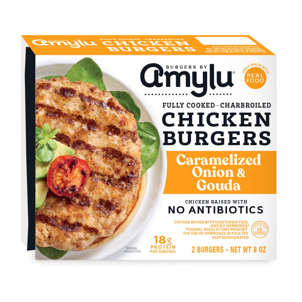 Amylu Foods Caramelized Onion & Gouda Chicken Burger, Natural Ingredients,18g of Protein, Chicken Raised with No Antibiotics, Fully Cooked, Gluten-Free, Pork-Free, No Nitrates or Nitrites, 8 oz