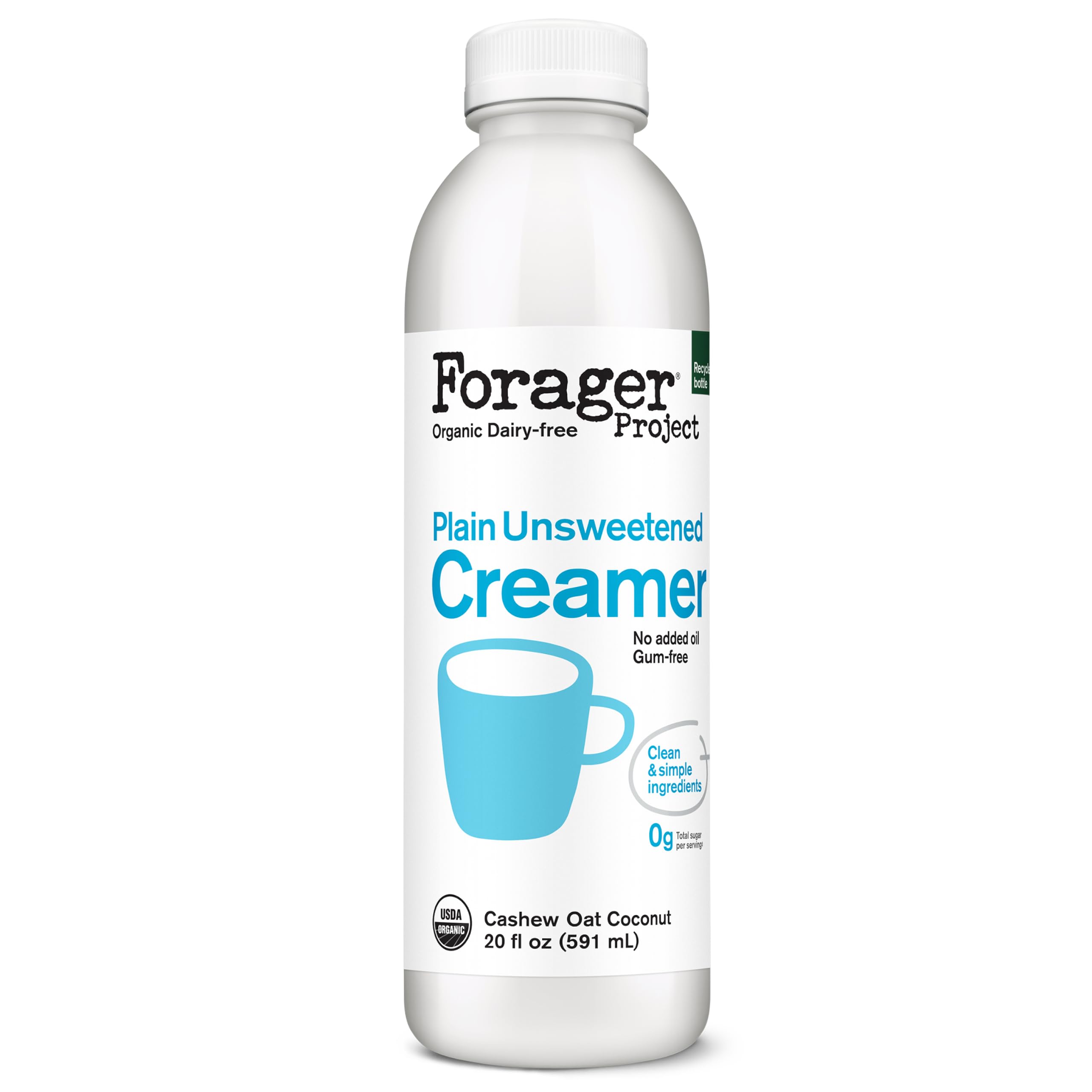 Forager Project Organic Plain Unsweetened Dairy-Free Creamer, 20 fl oz | Zero added sugar. No gums, oils, carrageenan, or natural flavors. Oat, cashew, and coconut base, Keto