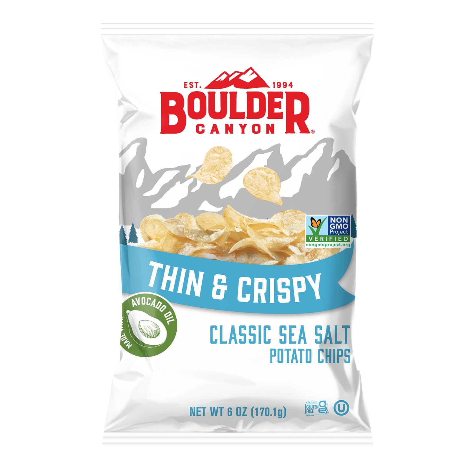 Boulder Canyon Thin & Crispy Classic Sea Salt Potato Chips, 6 oz Bag | No hydrogenated fats, high fructose corn syrup, bleached flour, or synthetic nitrates; thin and crispy cut