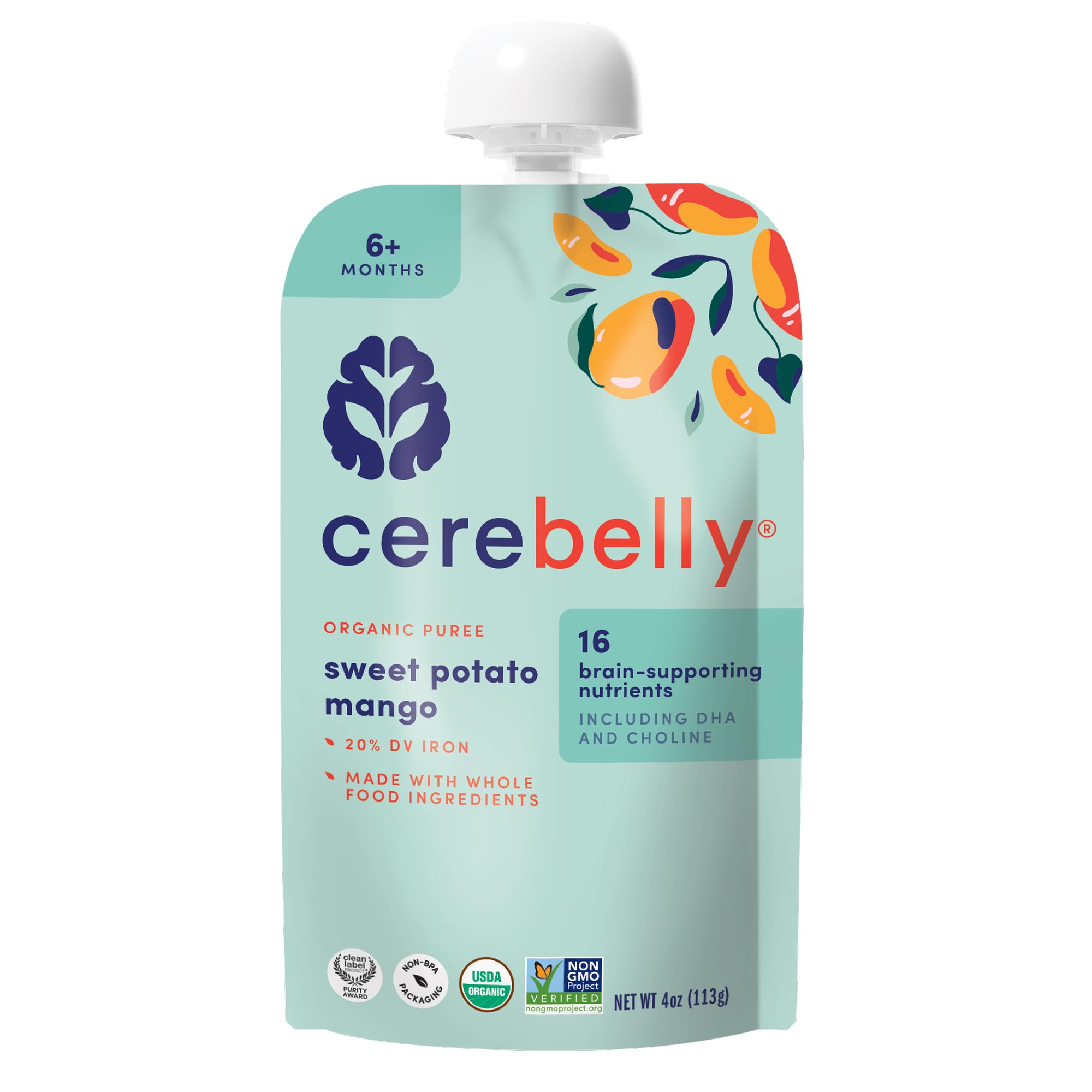 Cerebelly Organic Baby Food Pouches, Sweet Potato Mango Purees, 16 Nutrients, No Added Sugar, Fiber & Non-GMO, 4oz, 1 Count