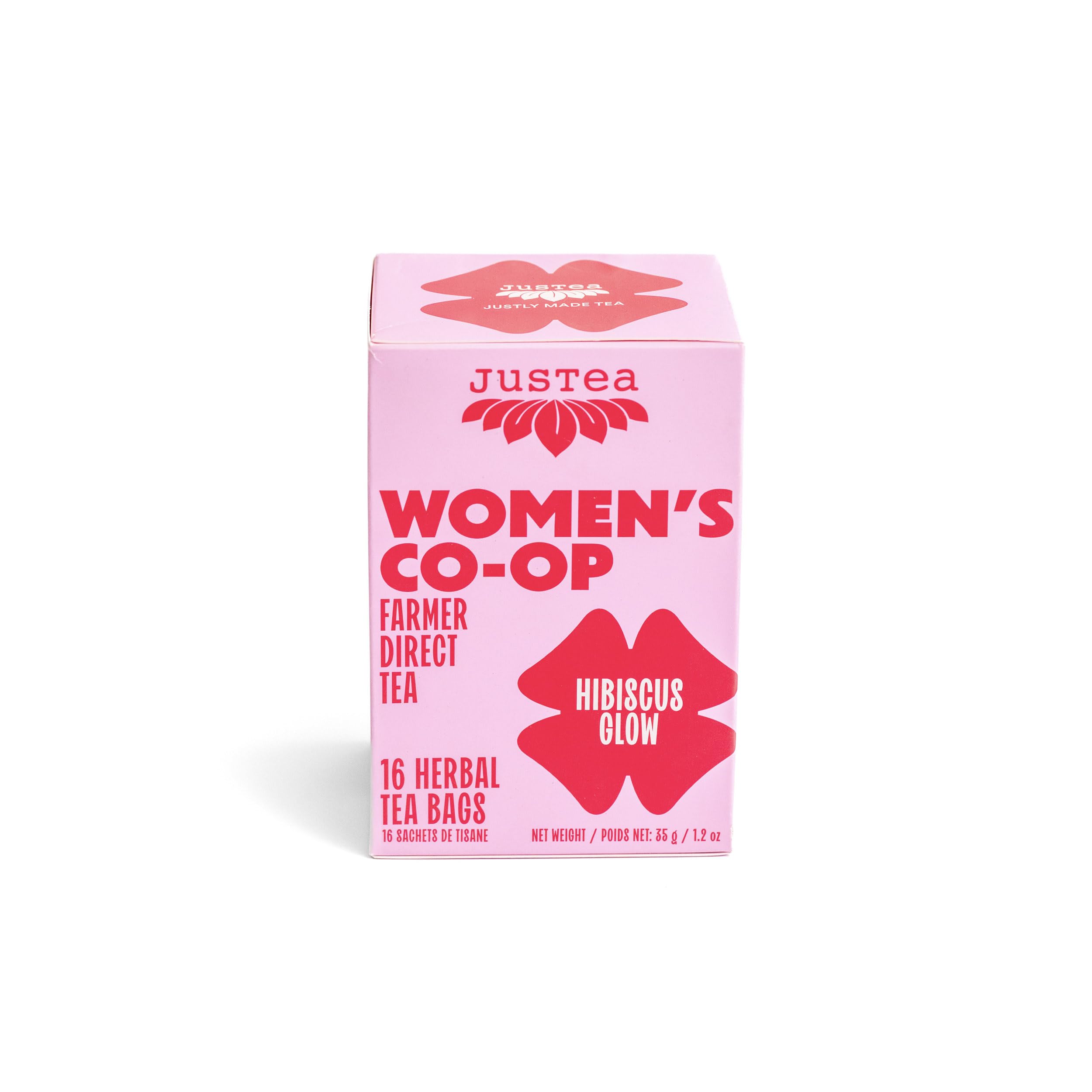 JusTea HIBISCUS GLOW Herbal Plastic-Free Tea Bags, 16 Cups, Caffeine-Free | Fair-Trade HIBISCUS GLOW Herbal Tea. 16 Plastic-Free & Compostable Tea Bags. Caffeine-Free. Organic. Women's Co-op Farmers.