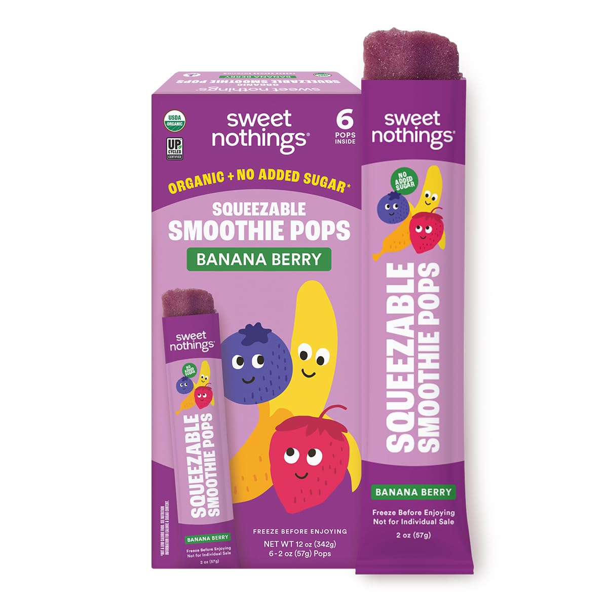 Banana Berry Smoothie Frozen Pops, No Added Sugar, USDA Organic, Dairy Free, Dye Free, Healthy Organic Fruit & Veggie Pops - Pack of 6