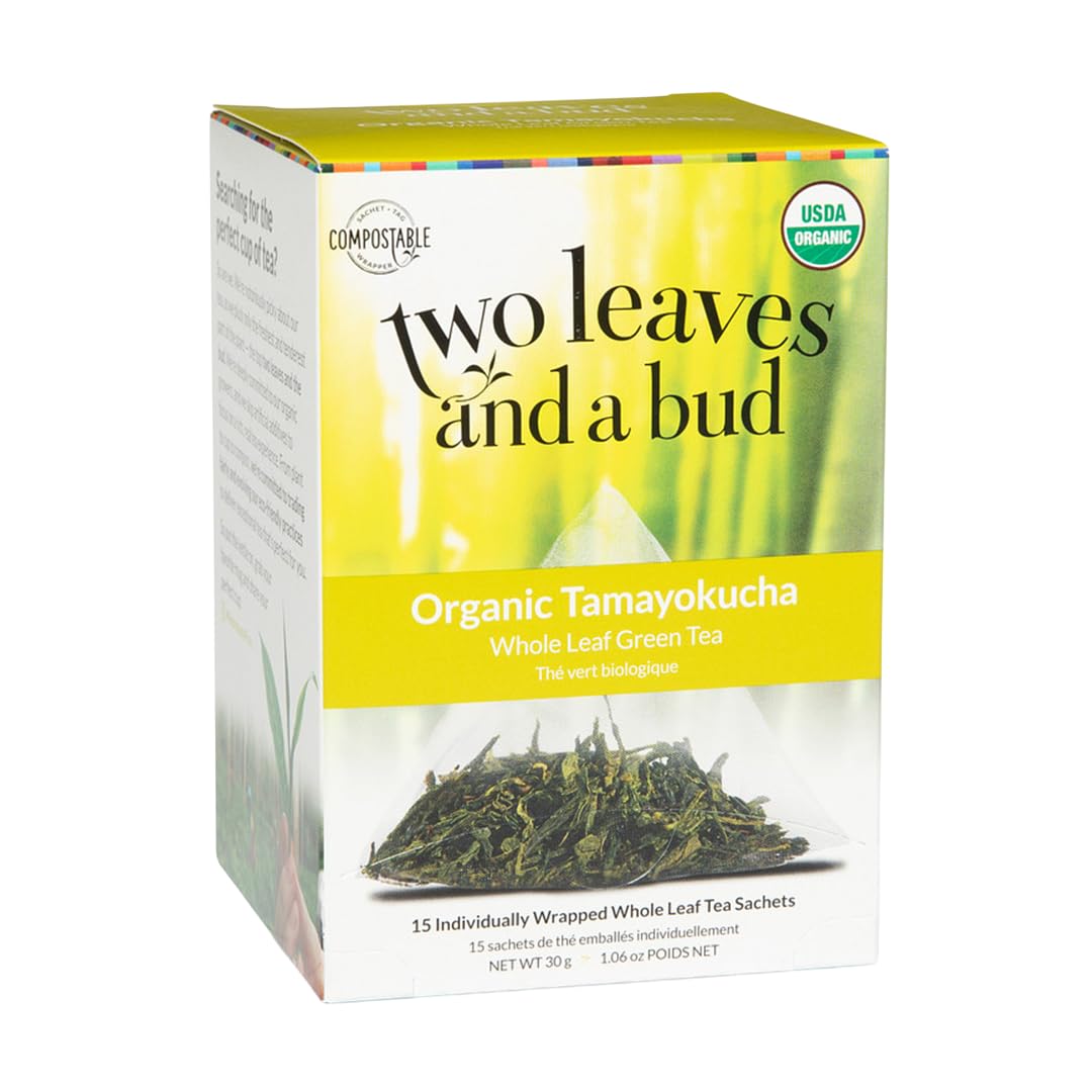 Two Leaves and a Bud Organic Tamayokucha Green Tea Bags, 15 Ct (Pack of 1) | Whole Leaf Green Tea in Pyramid Sachets, Japanese Green Tea, Light Flavor