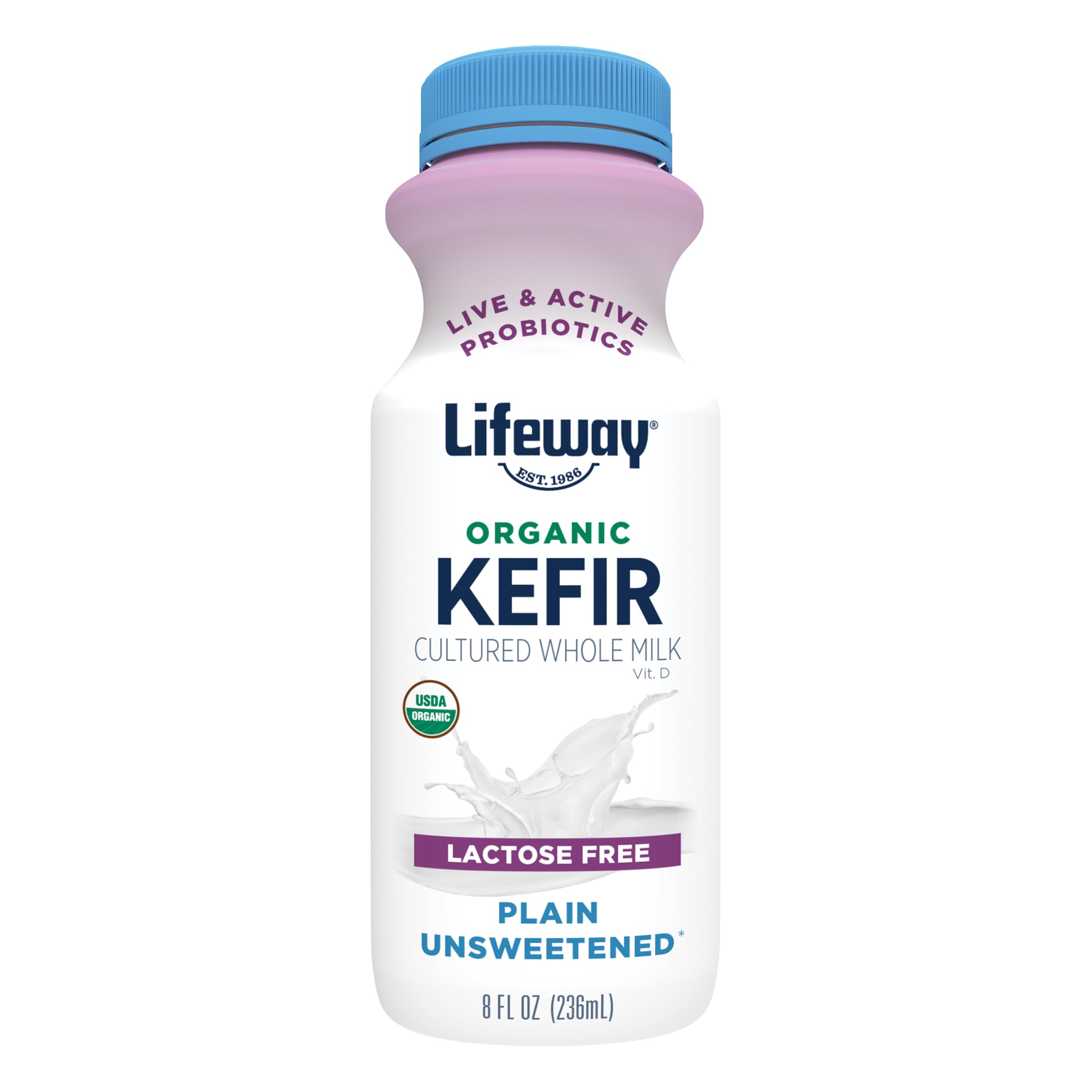 Lifeway Organic Whole Milk Kefir, Plain, 8 Fl Oz, 10g Protein, 12 Live Active Cultures
