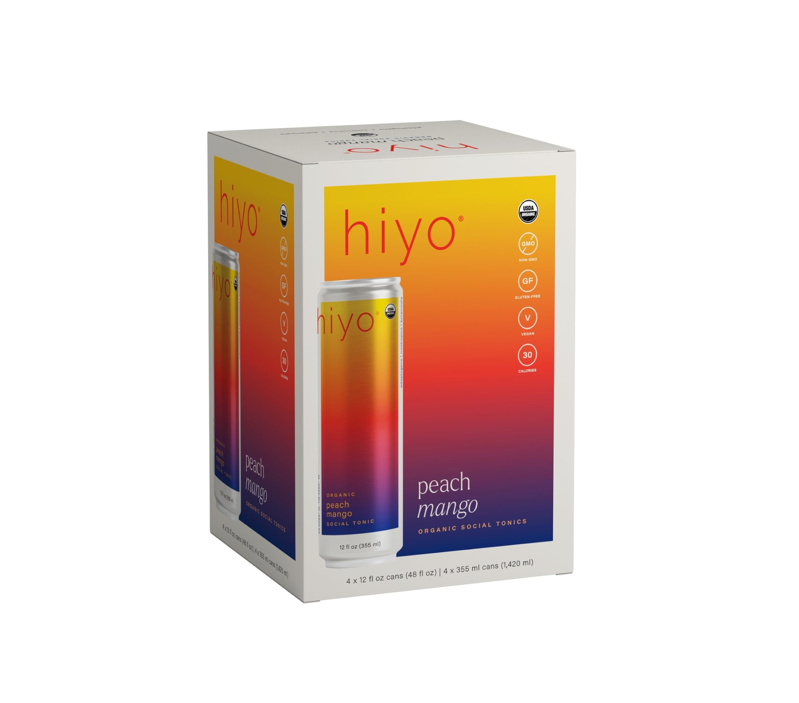Hiyo Non-Alc Functional Seltzer, Adaptogens & Nootropics, 12 fl oz, 4pk | Peach Mango, Organic Social Tonic, Non-Alcoholic Beverage, Functional Drink, 30 Cals, Gluten Free, Vegan, Non-GMO