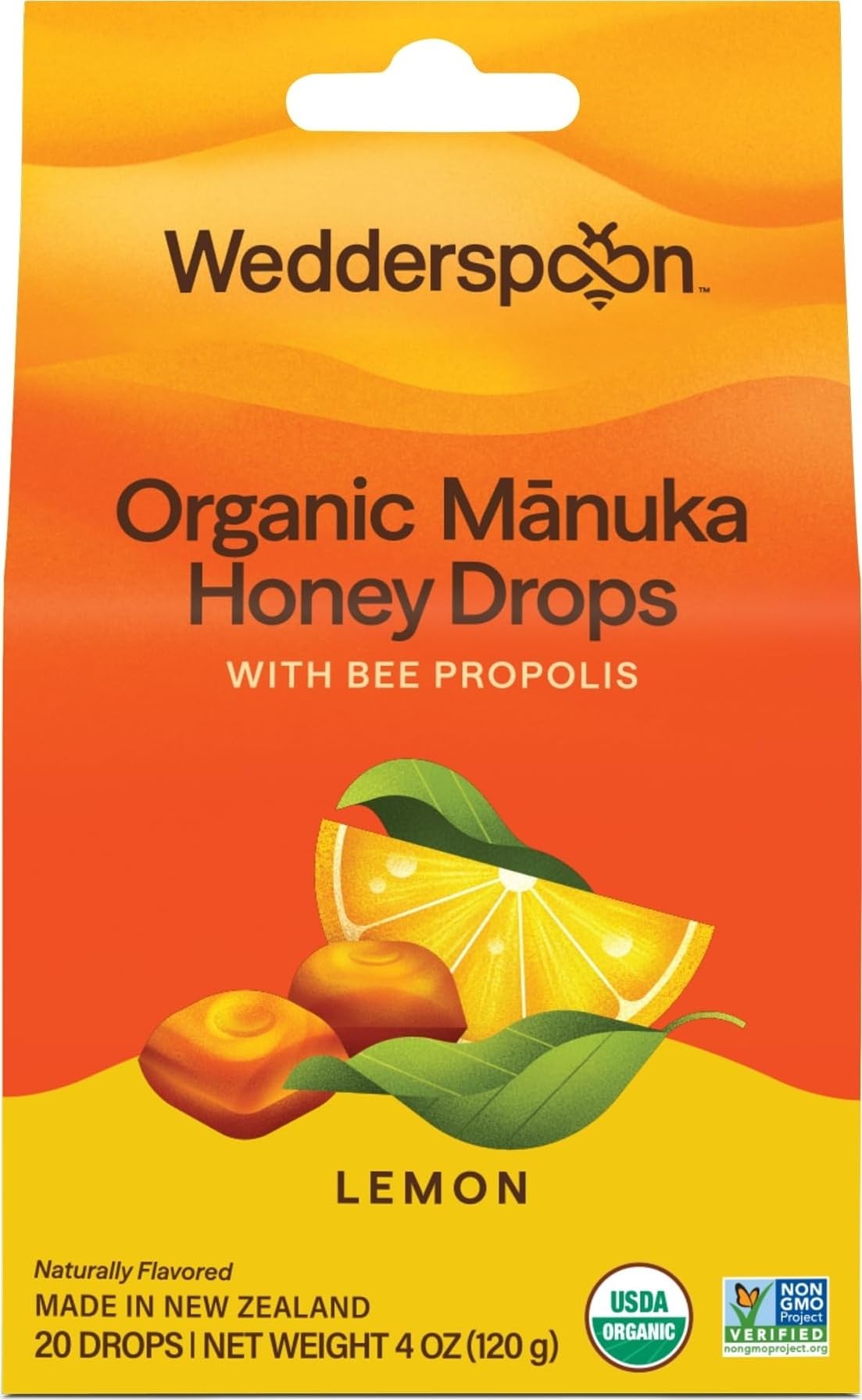 Wedderspoon Organic Manuka Honey Drops, Lemon & Bee Propolis, 20 Count | USDA Organic, Genuine New Zealand Honey, Natural Remedy for Dry Throat
