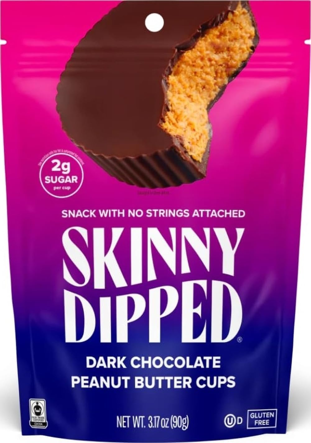 SkinnyDipped Dark Chocolate Peanut Butter Cups, 2g Sugar per Cup, Keto Friendly, No Stevia, Gluten Free, 3.2oz, 1 Pack (6 Cups Total)