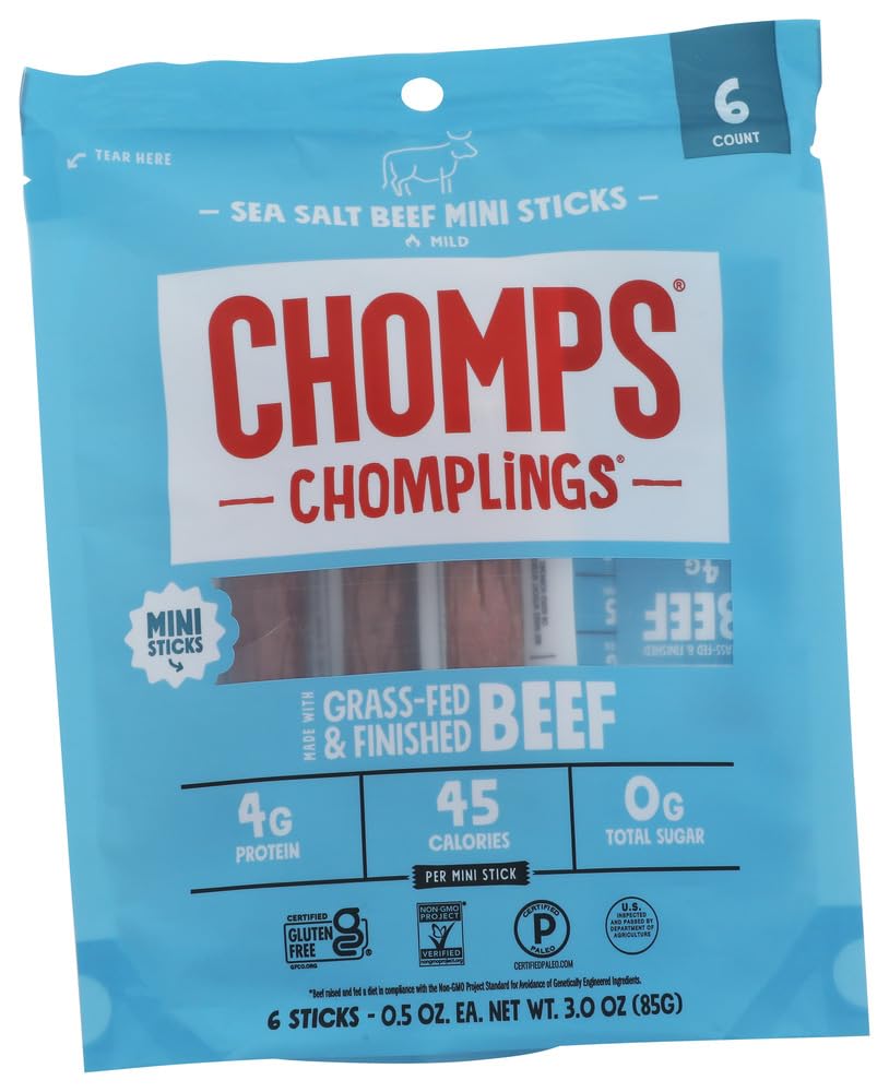 CHOMPS Chomplings Sea Salt Beef Mini Sticks 6 in one pack, 3 OZ