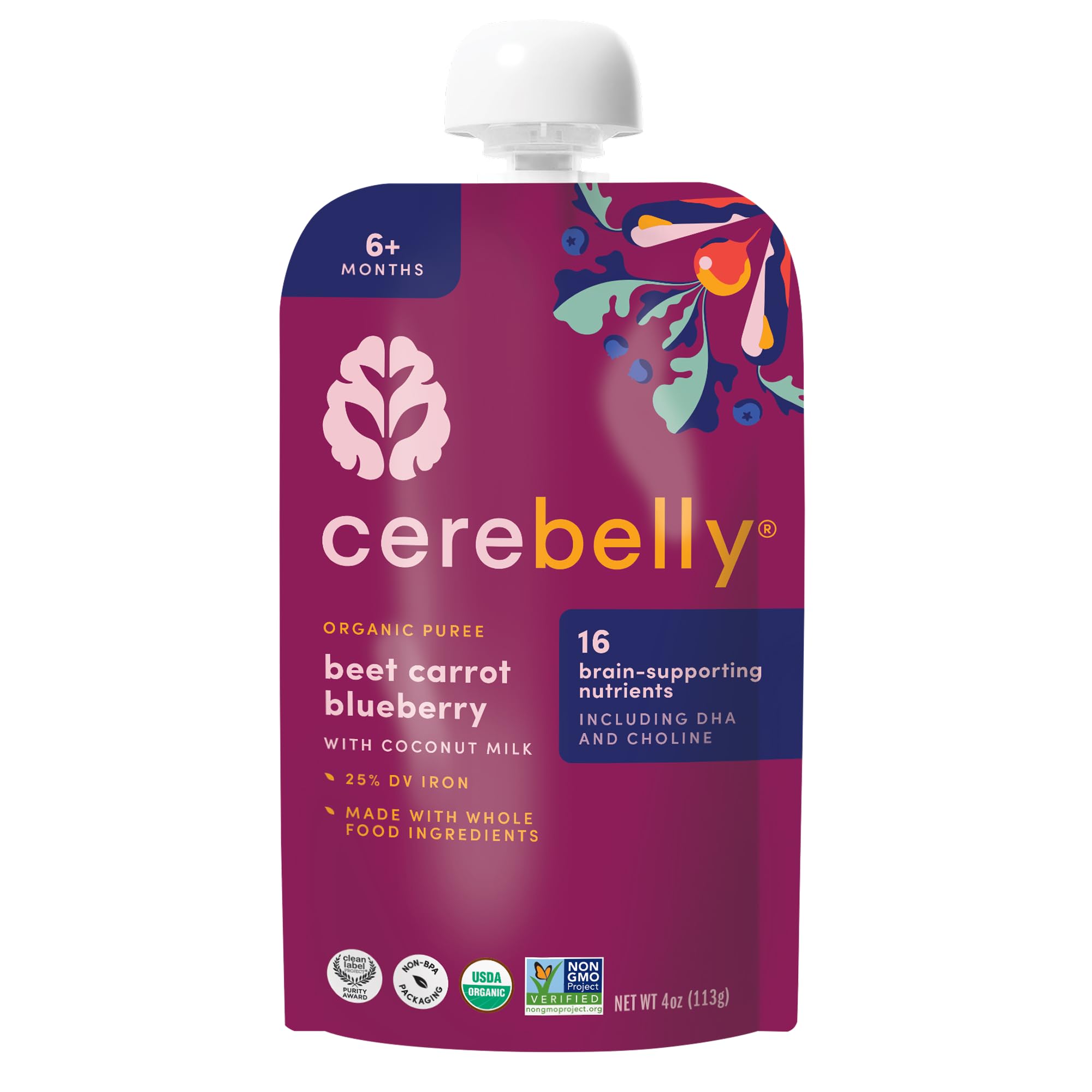 Cerebelly Organic Baby Food Pouches, Beet Carrot Blueberry Purees, 16 Nutrients, No Added Sugar, Fiber & Non-GMO, 4oz, 1 Count