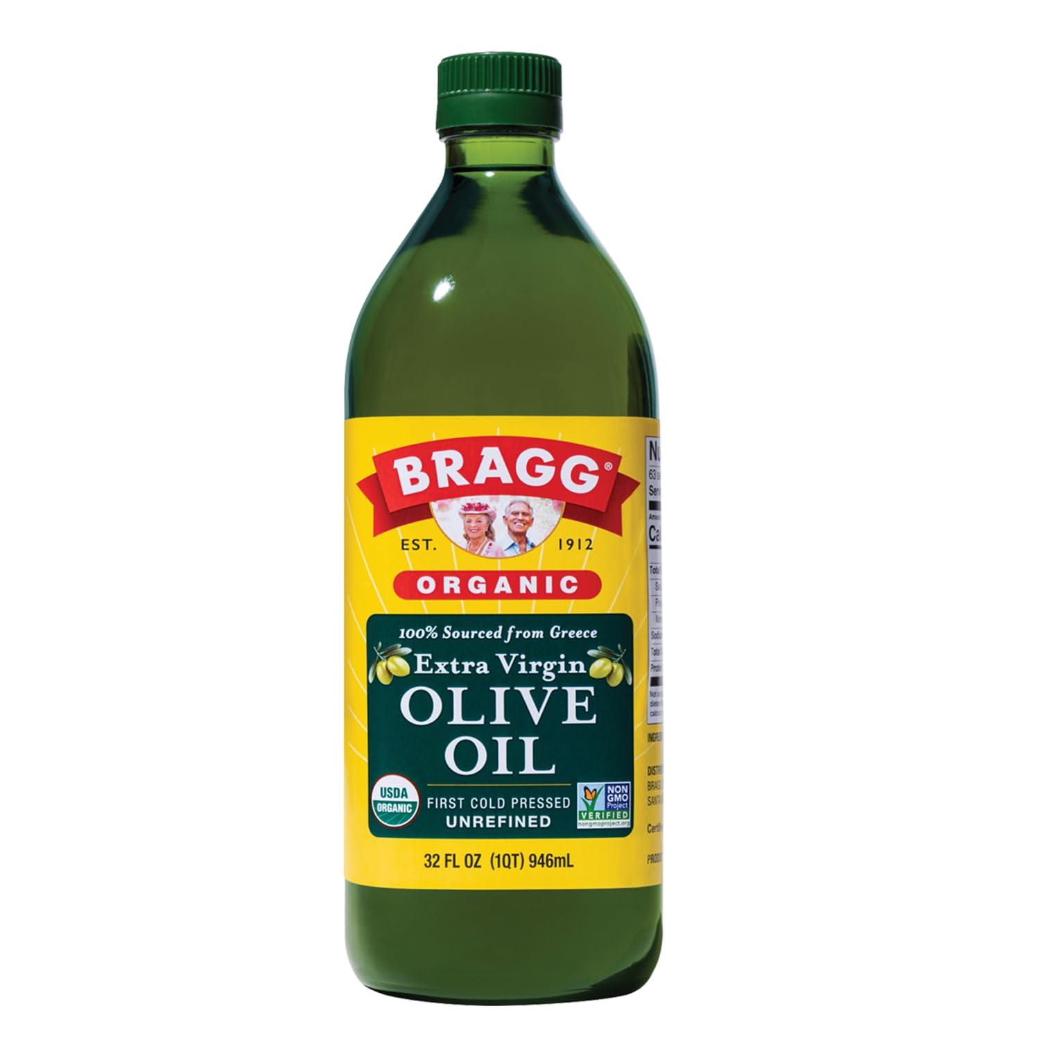 Bragg Organic Extra Virgin Olive Oil 32 oz - Cold-Pressed Greek Koroneiki | USDA certified, non-GMO, kosher, rich in polyphenols, robust peppery finish, ideal for everyday cooking
