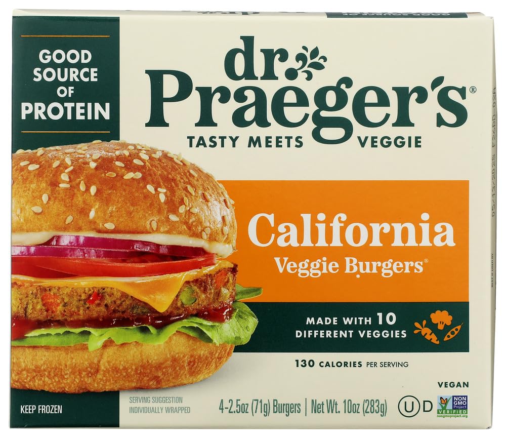 Dr. Praeger's California Veggie Burgers, 4 Count, 10 oz | Original veggie burgers made with 10 vegetables; 5g protein, 130 calories, certified vegan and Non-GMO
