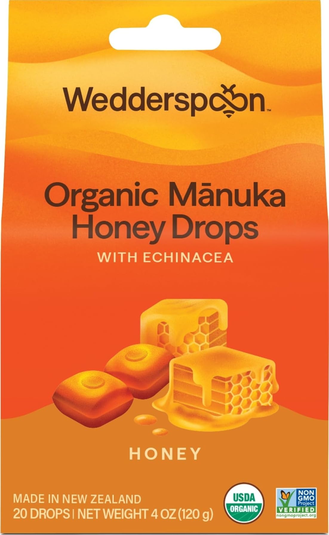 Wedderspoon Organic Manuka Honey Drops, Honey & Echinacea, 20 Count | USDA Organic, Genuine New Zealand Honey, Natural Remedy for Dry Throat