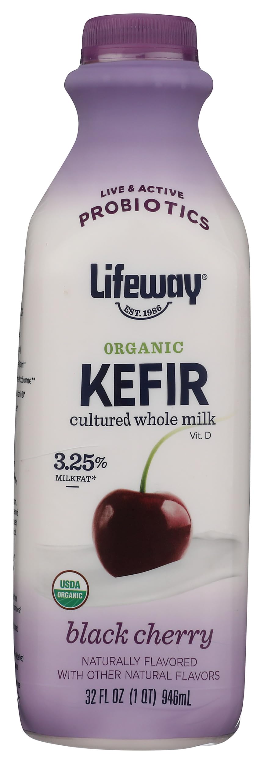 Lifeway Organic Whole Milk Kefir, Black Cherry, 32 Fl Oz, 10g Protein, 12 Live Active Cultures