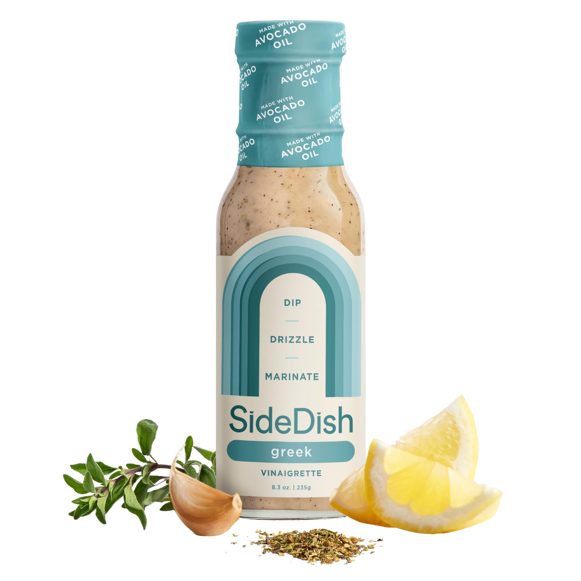 SideDish Zesty Greek Vinaigrette - Seed Oil, Dairy & Gluten Free Salad Dressing w/Avocado Oil - Refined Sugar Free, Healthy Greek Salad Dressing - Balsamic Paleo Marinade for Dips, Spread - 8 fl oz