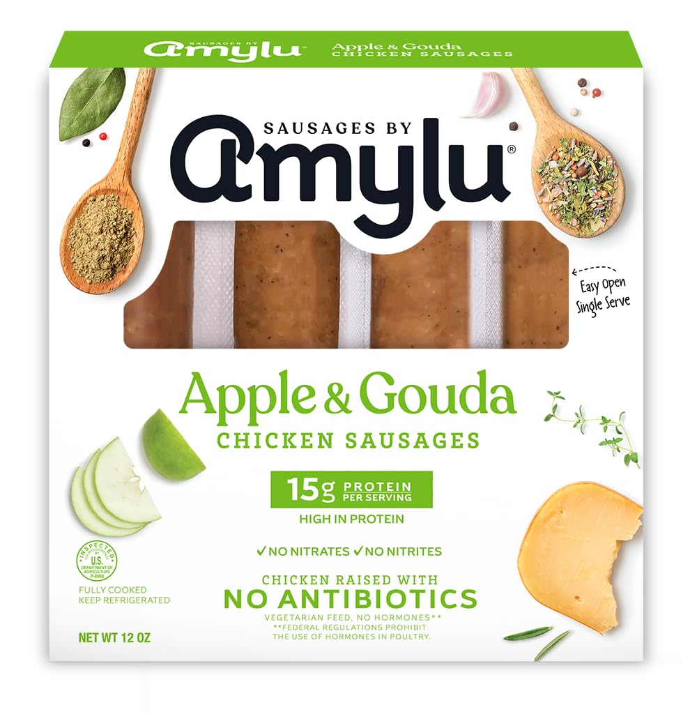 Amylu Foods Apple & Gouda Chicken Sausage, Natural Ingredients, 15g of Protein, Chicken Raised with No Antibiotics, Fully Cooked, Gluten-Free, Pork-Free, No Nitrates or Nitrites, 12 oz