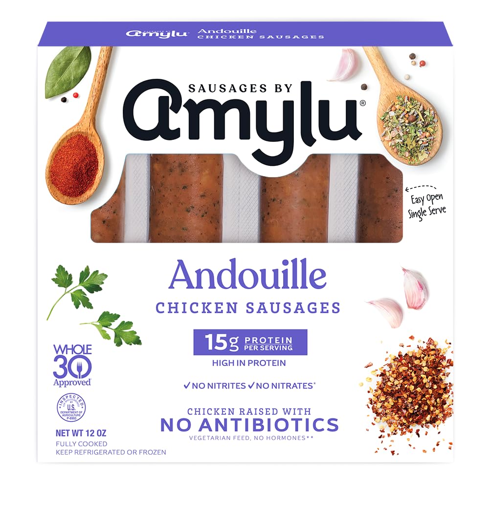 Amylu Foods Andouille Chicken Sausage, Natural Ingredients, 15g of Protein, GAP Certified Chicken Raised with No Antibiotics, Fully Cooked, Dairy-Free, Gluten-Free, Pork-Free, Whole30, No Nitrates or Nitrites, 12 oz