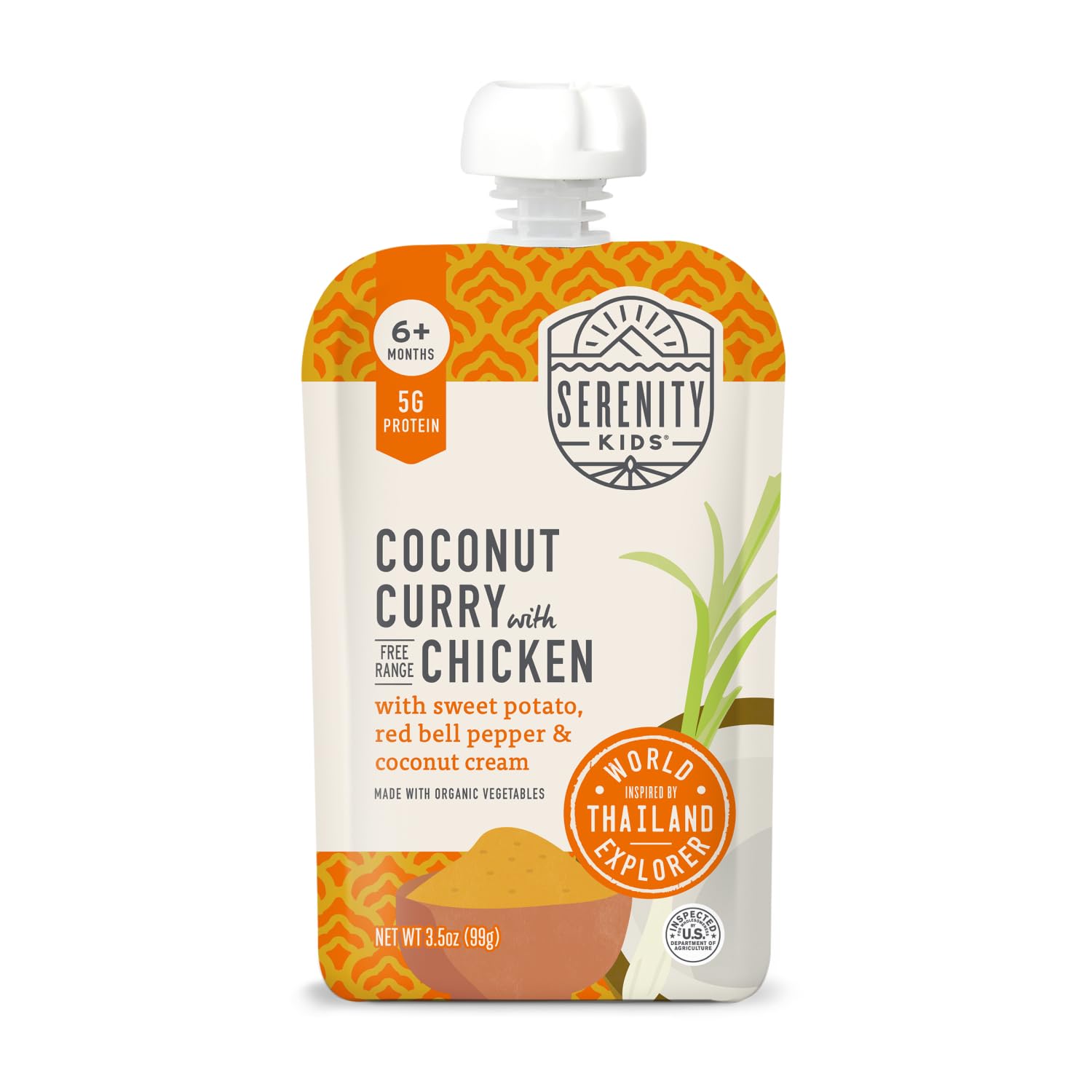 Serenity Kids 6+ Months World Explorers Baby Food Pouches Puree Made With Ethically Sourced Meats & Organic Veggies | 3.5 Ounce BPA-Free Pouch | Chicken Coconut Curry | 1 Count