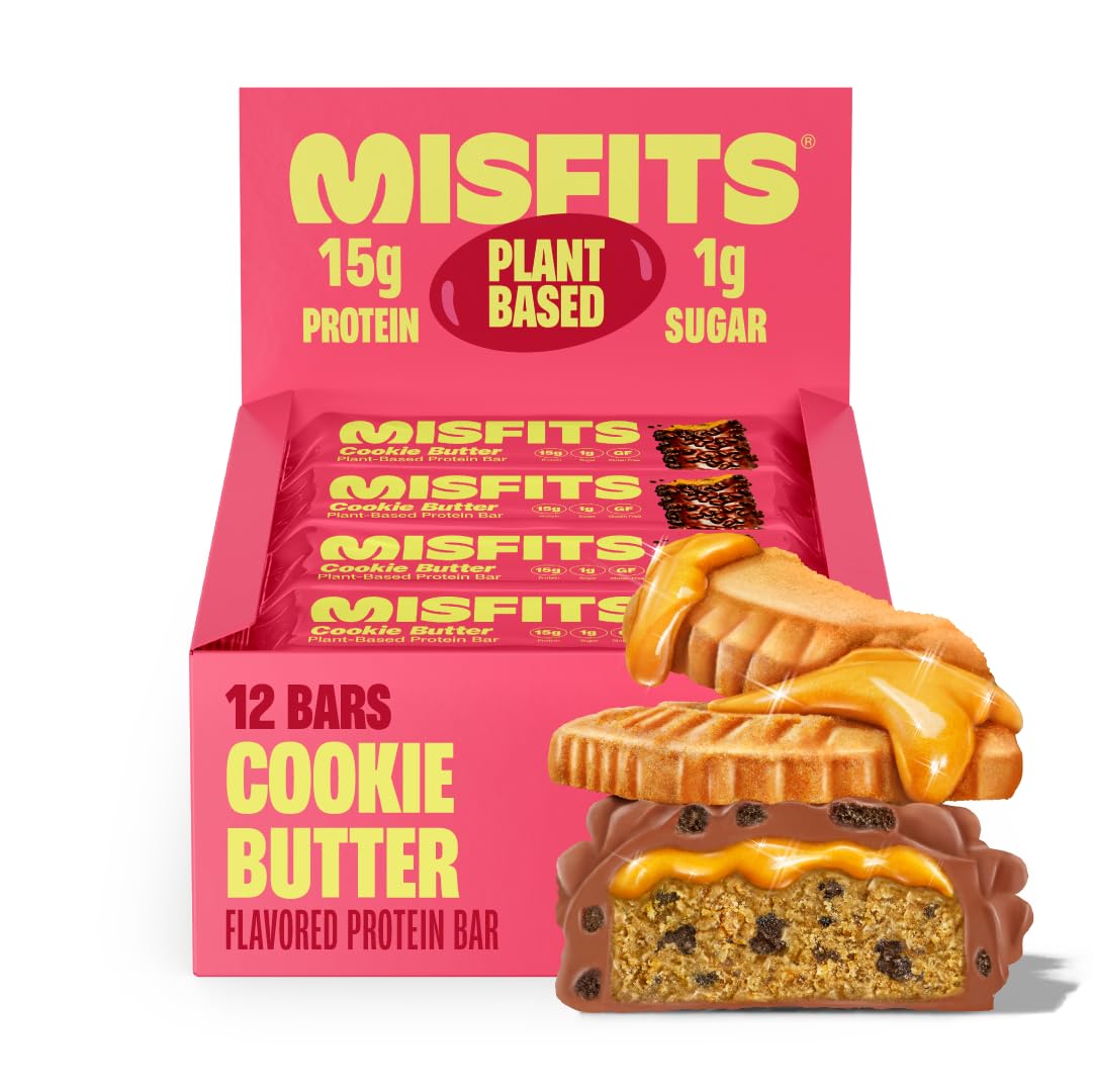 Misfits Vegan Protein Bars - Speculoos Cookie Butter | Nutrition Bars - 15g Protein, 1g Sugar, Plant-based, Low Carb, Non-GMO, Gluten Free Snacks | Pack of 12