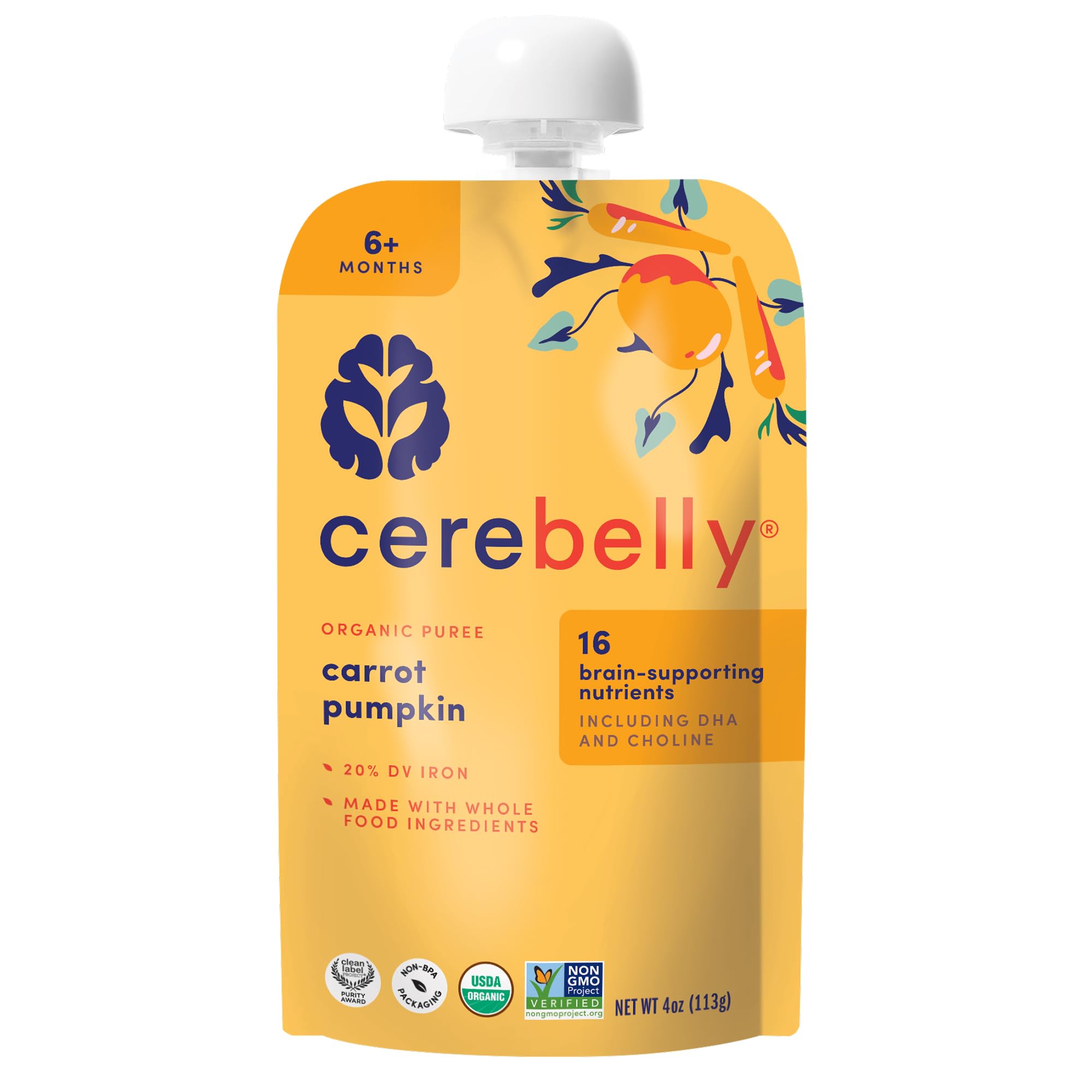 Cerebelly Organic Baby Food Pouches, Carrot Pumpkin Purees, 16 Nutrients, No Added Sugar, Fiber & Non-GMO, 4oz, 1 Count