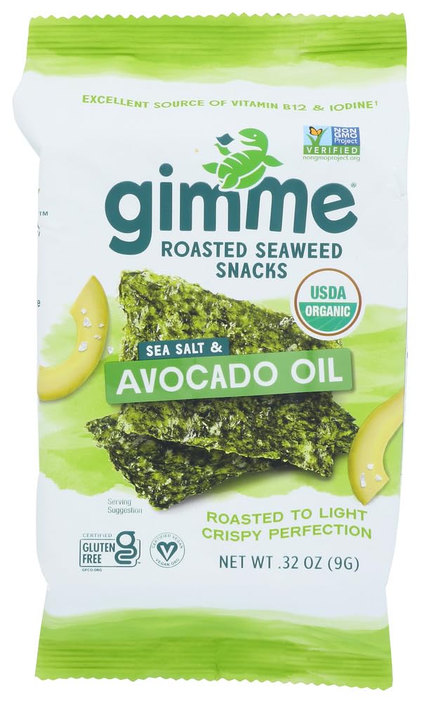 Gimme Seaweed Organic Roasted Seaweed Snack, Avocado & Sea Salt 10g, .35oz | Keto, Vegan, Gluten Free, Great Source of Iodine & Omega 3’s, Healthy On-The-Go Snack for Kids Adults