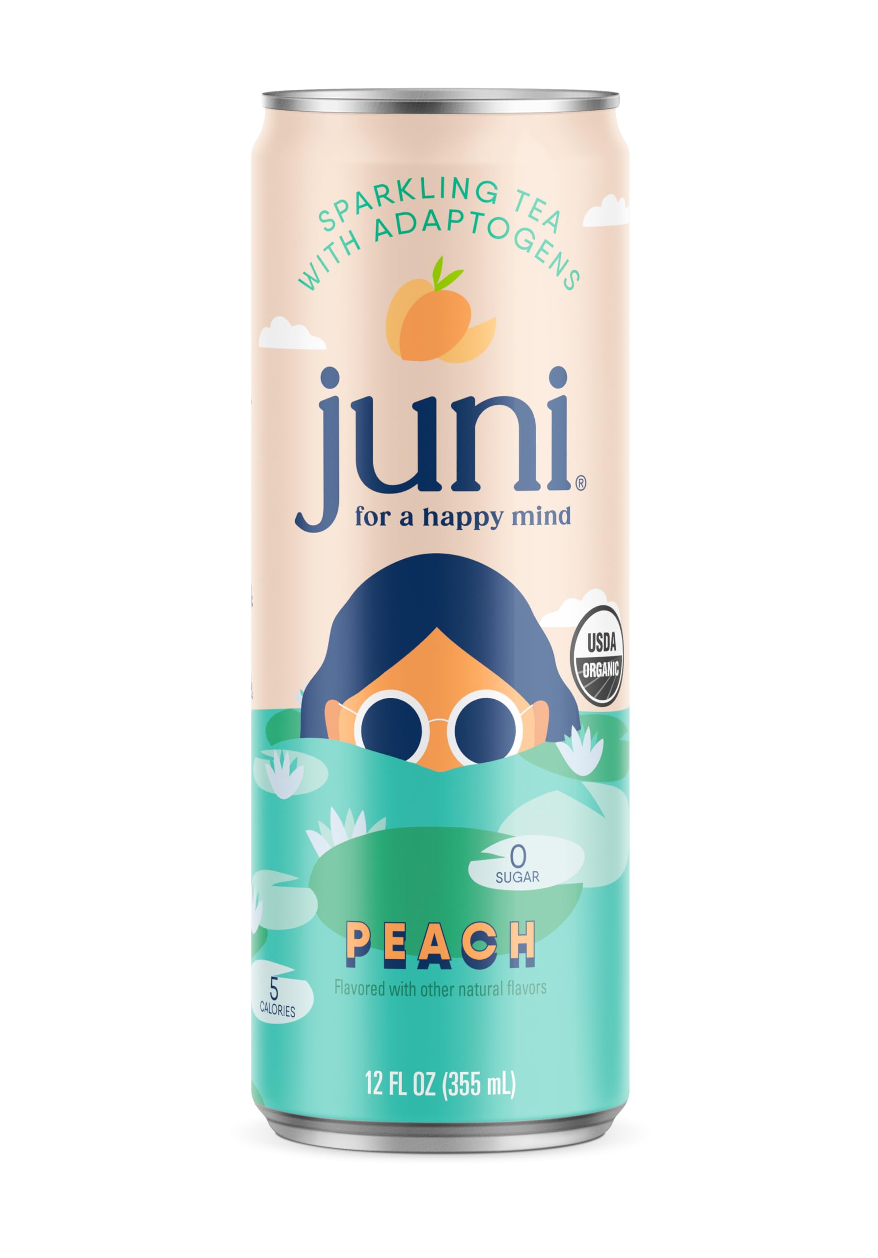 Juni Sparkling Adaptogen Drink, Peach, Zero Sugar, Mood & Focus, 12 Fl Oz | Ashwagandha, Lion’s Mane & Reishi Mushrooms, 5 Calories, Organic