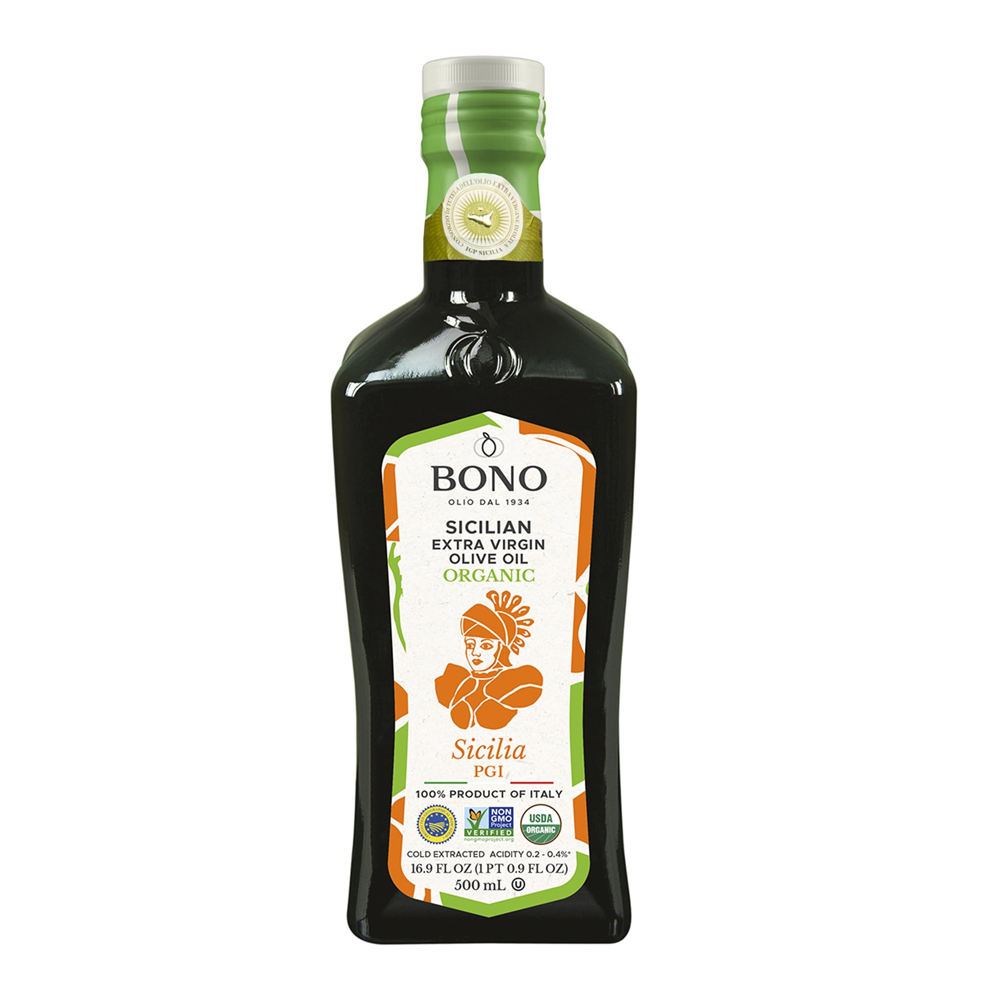 BONO Organic Sicilian PGI Extra Virgin Olive Oil, 16.9 Fl Oz – Cold Extracted – Biancolilla, Cerasuola & Nocellara del Belice Olives – USDA Organic, Non-GMO Project Verified – Fully Traceable Clean Label Project Purity Award Winner