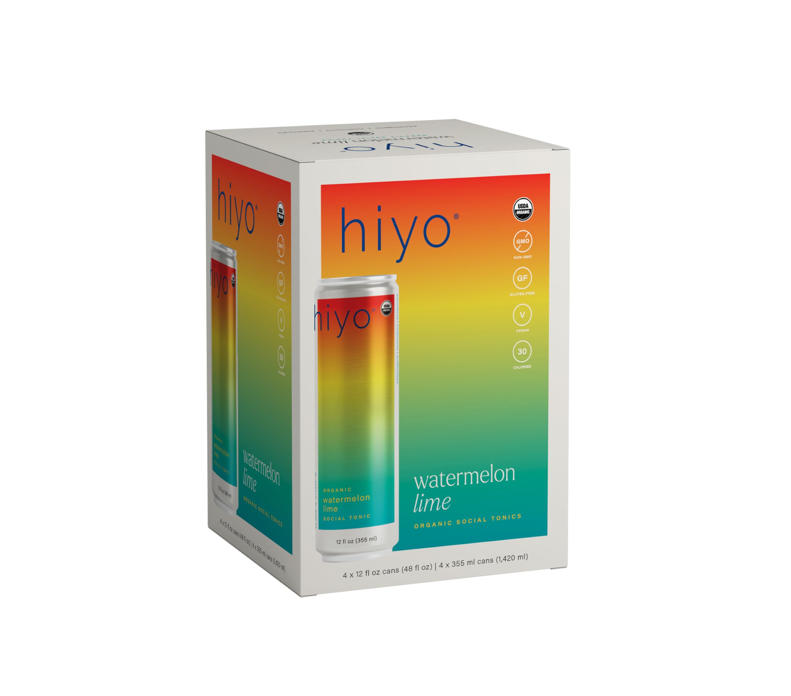 Hiyo Non-Alc Functional Seltzer, Adaptogens & Nootropics, 12 fl oz, 4pk | Watermelon Lime, Organic Social Tonic, Non-Alcoholic Beverage, Functional Drink, 30 Cals, Gluten Free, Vegan, Non-GMO