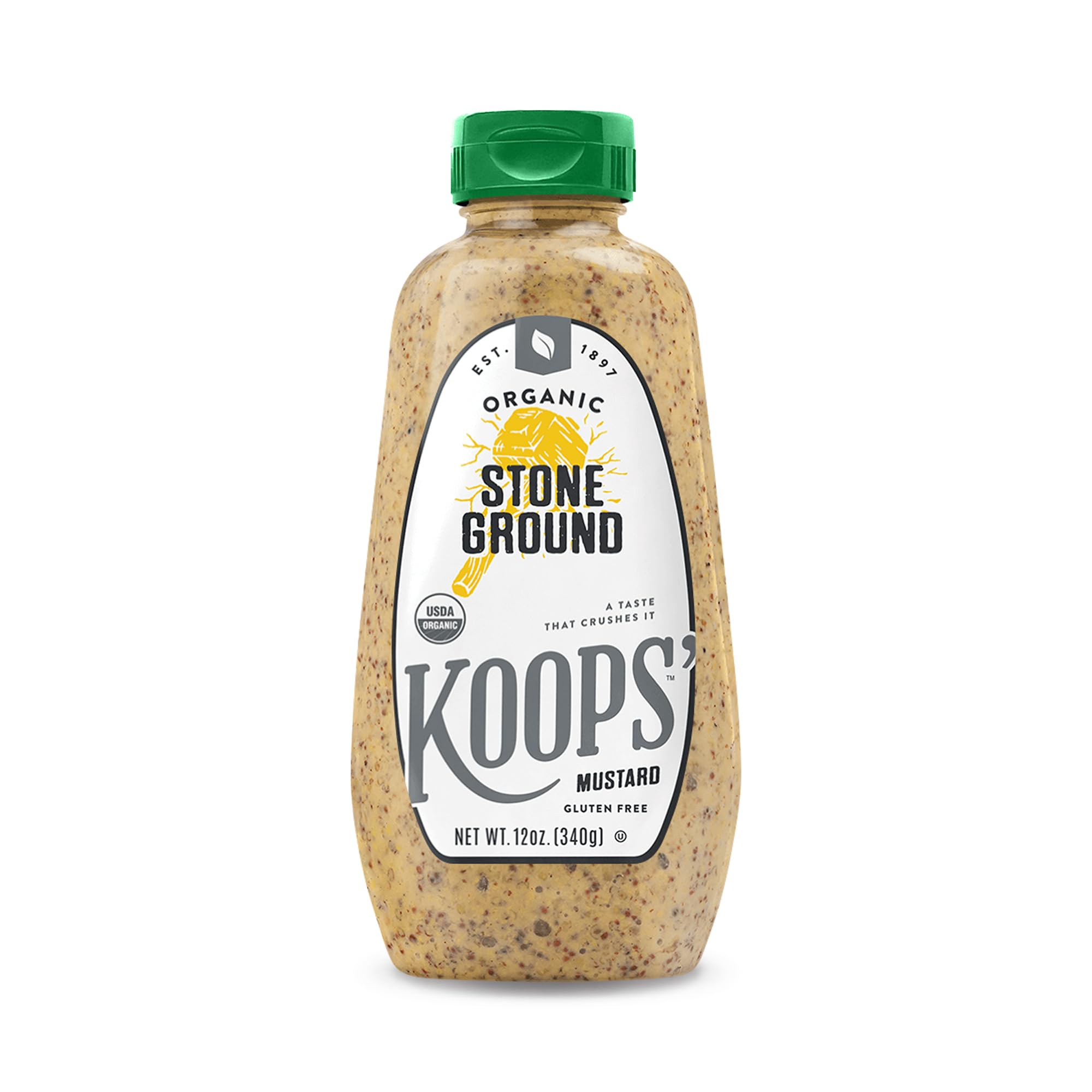 Koops Organic Stone Ground Mustard, Coarse Texture, 12 Oz | Rustic Whole Grain Condiment For Sausages Pretzels Sandwiches Charcuterie Roasts Dressings Marinades Grilling Dipping Recipes
