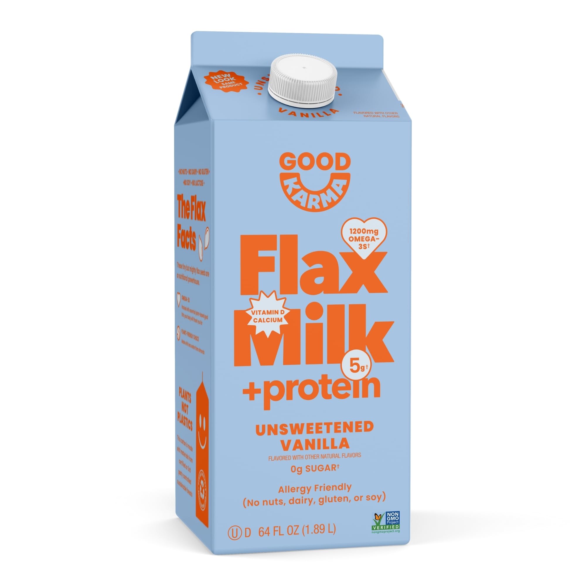 Good Karma Vanilla Flaxmilk+Protein, 64 Fl Oz Carton | 5g Plant-Based Protein + 1200mg Omega-3 Per Serving, Non-Dairy Milk Alternative, Lactose Free, Nut Free, Vegan, Refrigerated