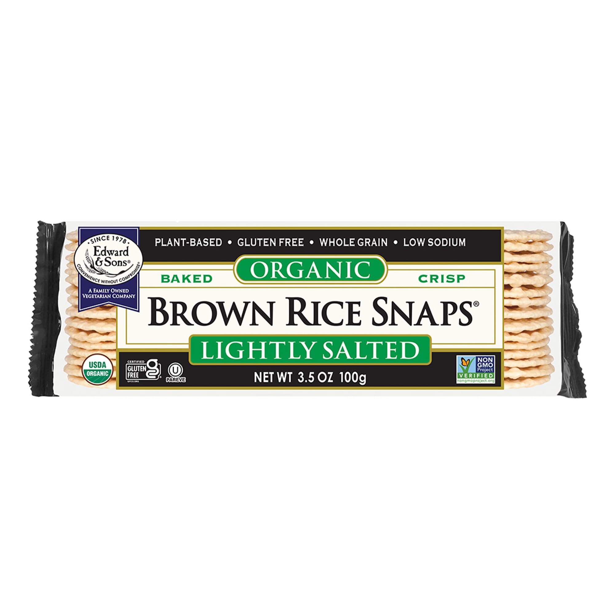 Edward & Sons Organic Lightly Salted Plain Brown Rice Snaps - 3.5 Oz | Gluten Free Rice Crackers, Oven Baked Snack, Whole Grain, No Added Oils, Non-GMO Project Verified, USDA Organic