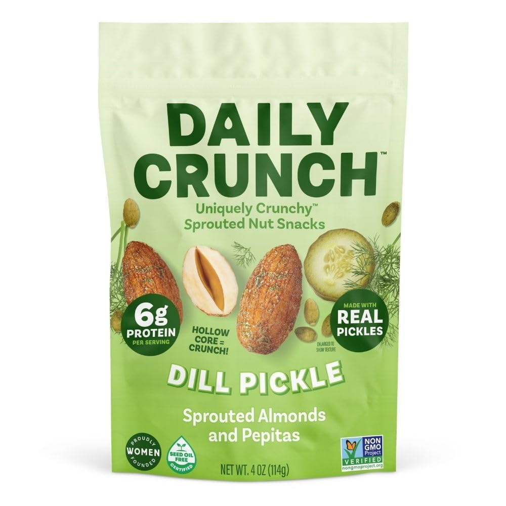 Daily Crunch Sprouted Almonds & Pepitas, Dill Pickle, 4oz | Uniquely Crunchy. Non-GMO, Seed Oil & Dairy Free. 6g Plant Protein, 3g Fiber, Zero Added Sugar. Made with Real Pickles