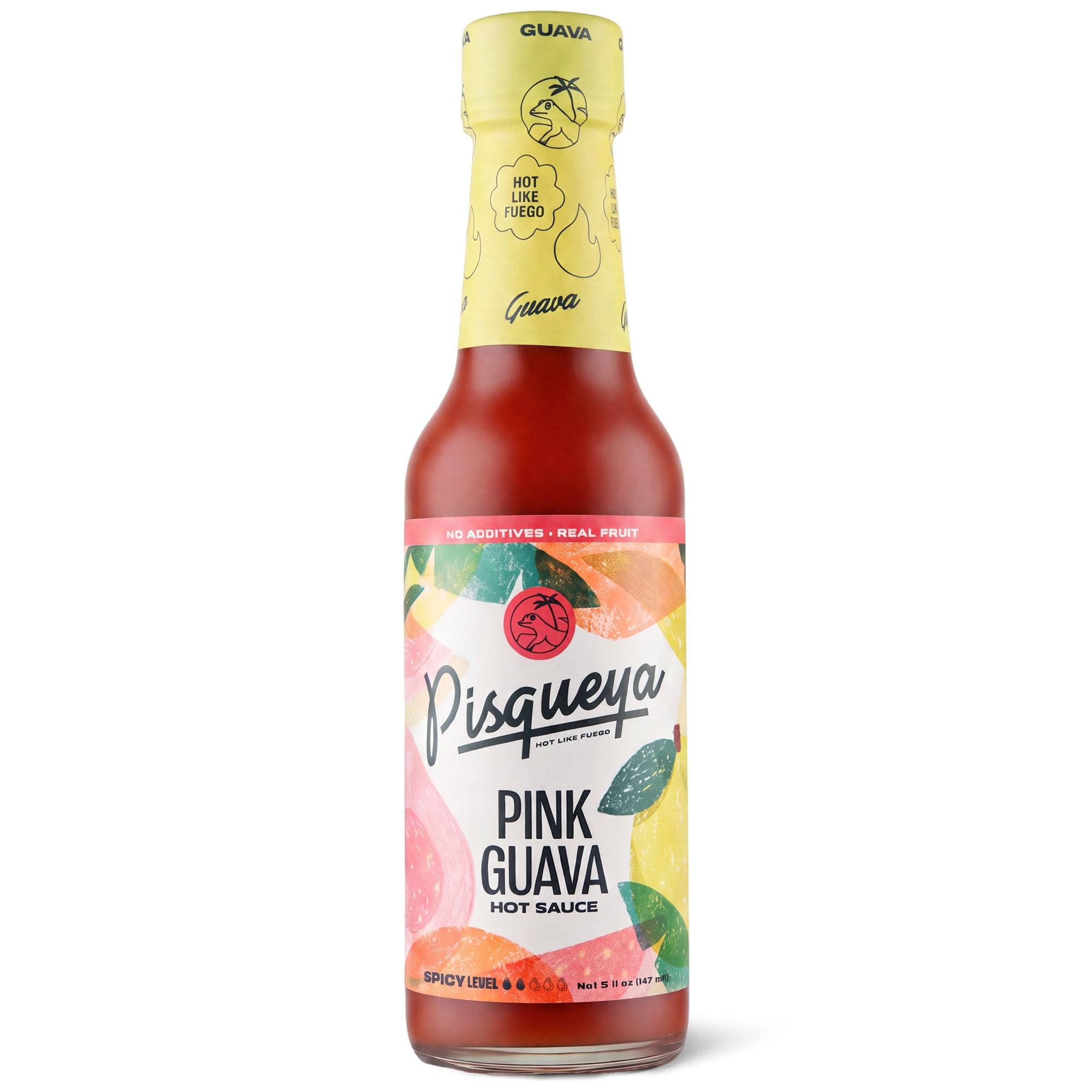 Pisqueya Pink Guava Hot Sauce, Real Fruit, Low Sodium, 5 fl oz | Sun-ripened Caribbean guava, not extract; vegan, 0 calories; drizzle, dip, or use as a marinade