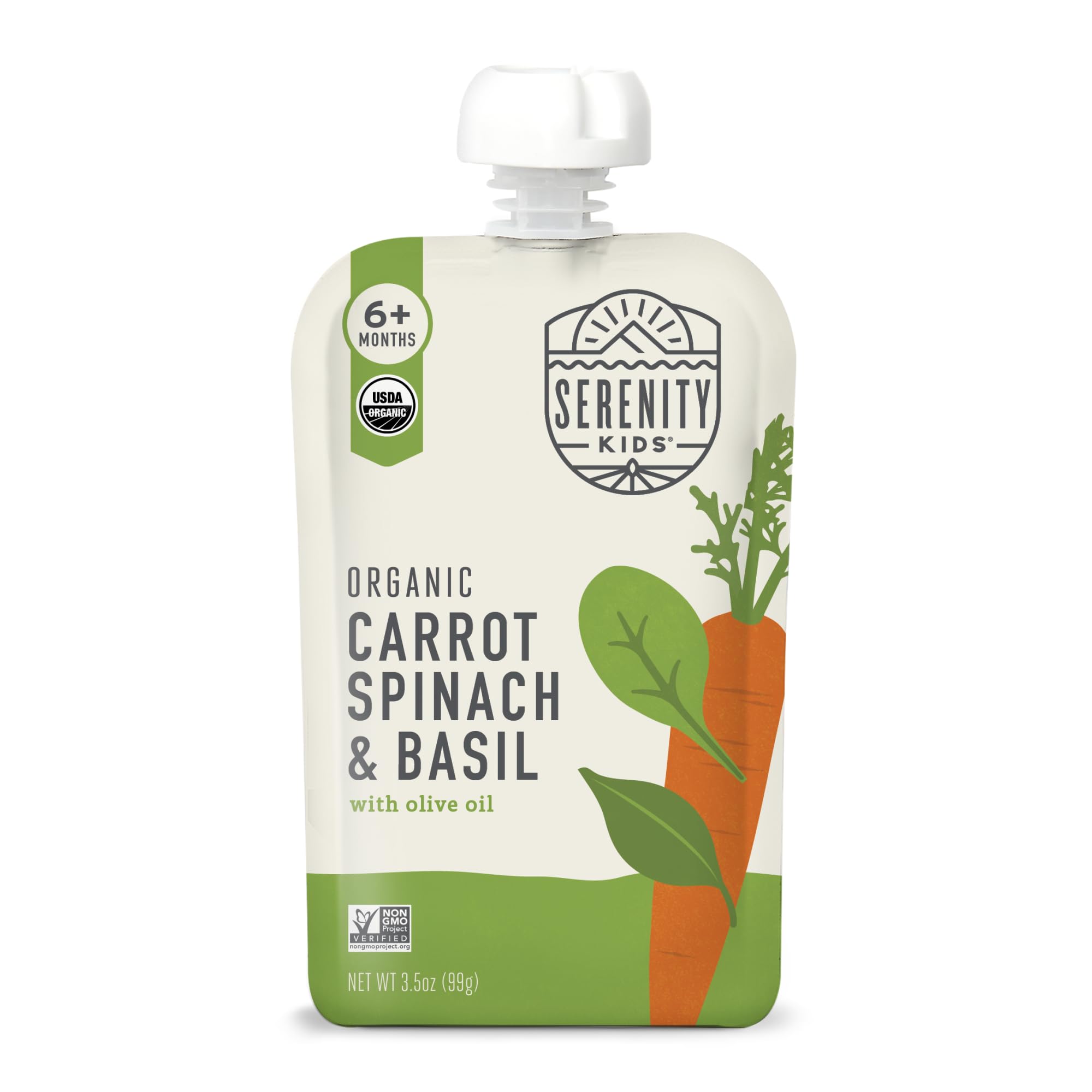 Serenity Kids Organic Baby Food Pouch, Veggie Puree, No Added Sugar, 3.5 Oz | No Added Sugar, USDA Organic, Savory Carrot Spinach & Basil, Allergen-Free, Easy-Recycle, Baby Pouches