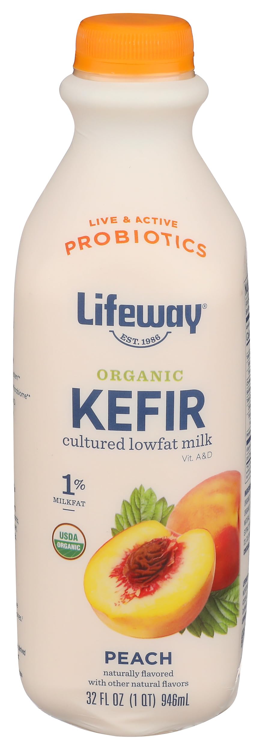 Lifeway Organic Lowfat Kefir, Peach, 32 Ounce, 11g Protein, 12 Live Active Cultures